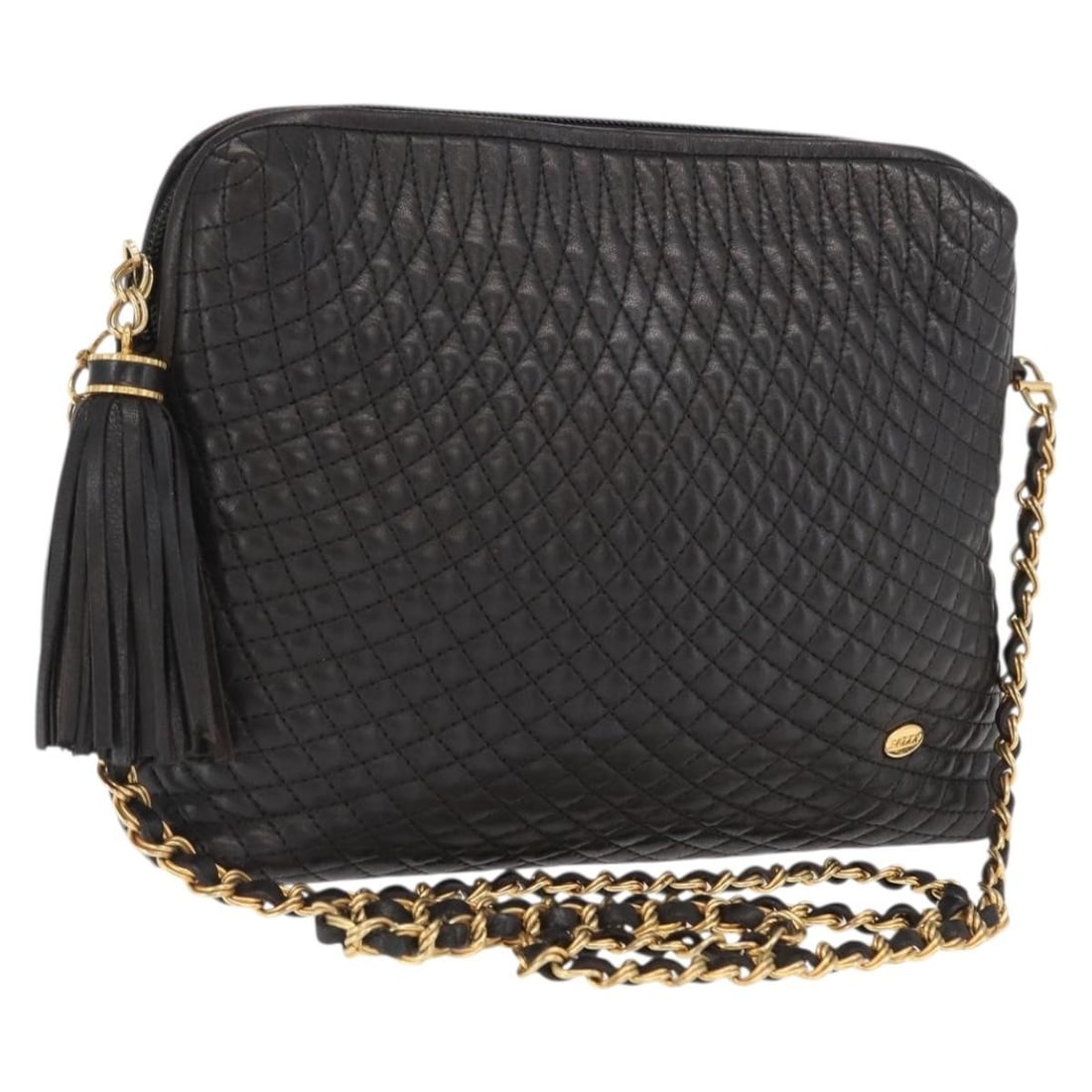 Bally Black Leather Shoulder Bag with Gold Chain Strap Italy: Bally Black Leather Shoulder Bag with Gold Chain Strap Italy This BALLY chain shoulder bag features a black and gold leather exterior, offering a stylish option for women. The bag is crafted in Italy 