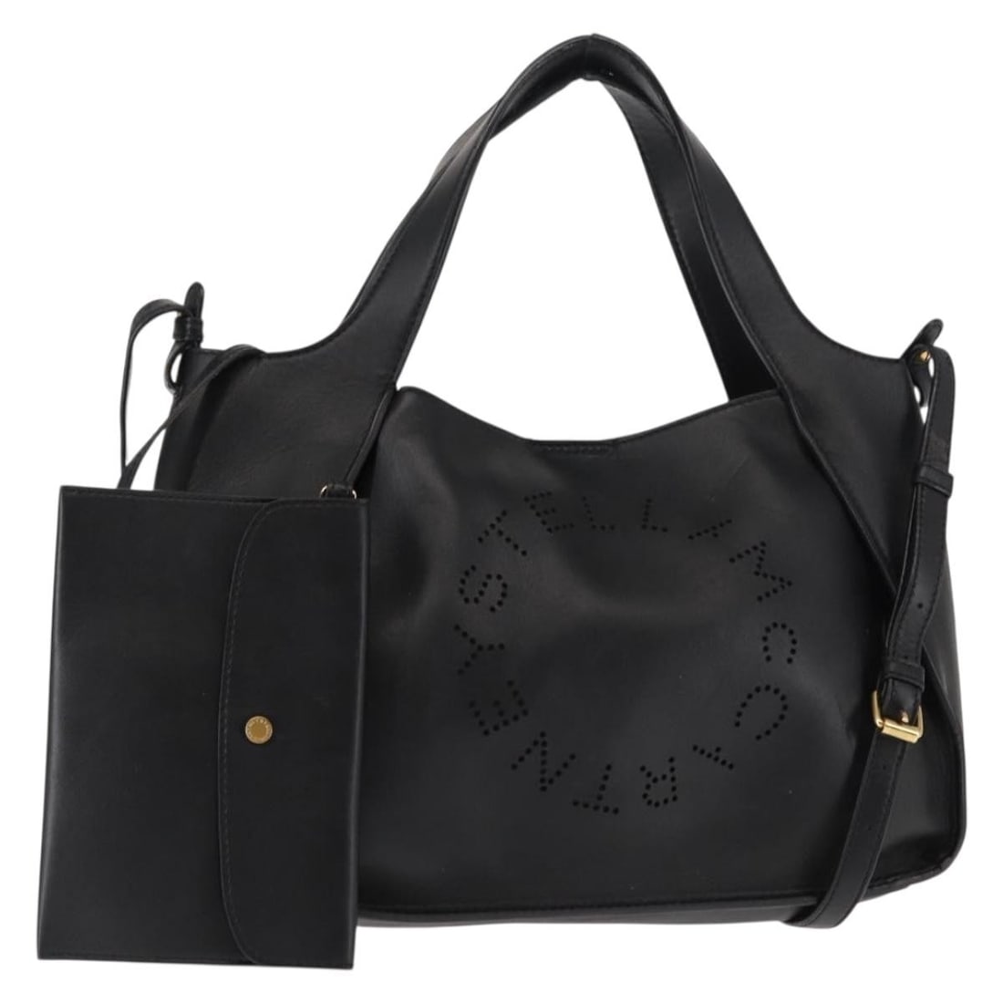 Stella McCartney Black Gold Tote Bag Polyester Auth BA6613 Italy: Stella McCartney Black Gold Tote Bag Polyester Auth BA6613 Italy This Stella McCartney logo tote bag showcases a stylish combination of black and gold, crafted from durable polyester. The bag features