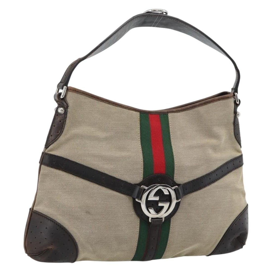 Gucci Web Sherry Line beige silver canvas shoulder bag 114879 (1 of 18)