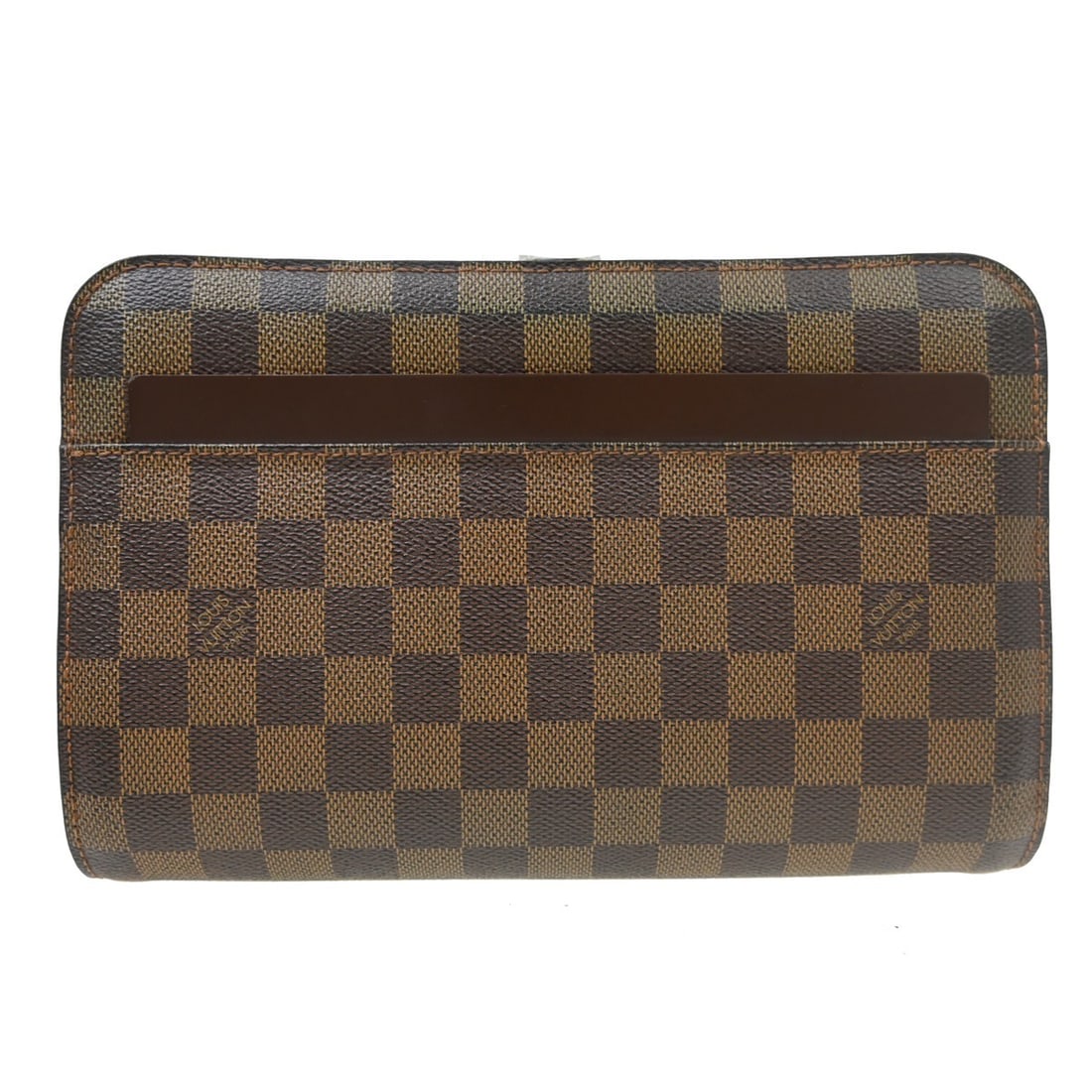 Louis Vuitton Damier Canvas Pochette Saint Louis: Louis Vuitton Damier Canvas Pochette Saint Louis This Louis Vuitton Pochette Saint Louis features the iconic Damier canvas in brown and is designed for unisex use. The bag shows visible signs of wear,