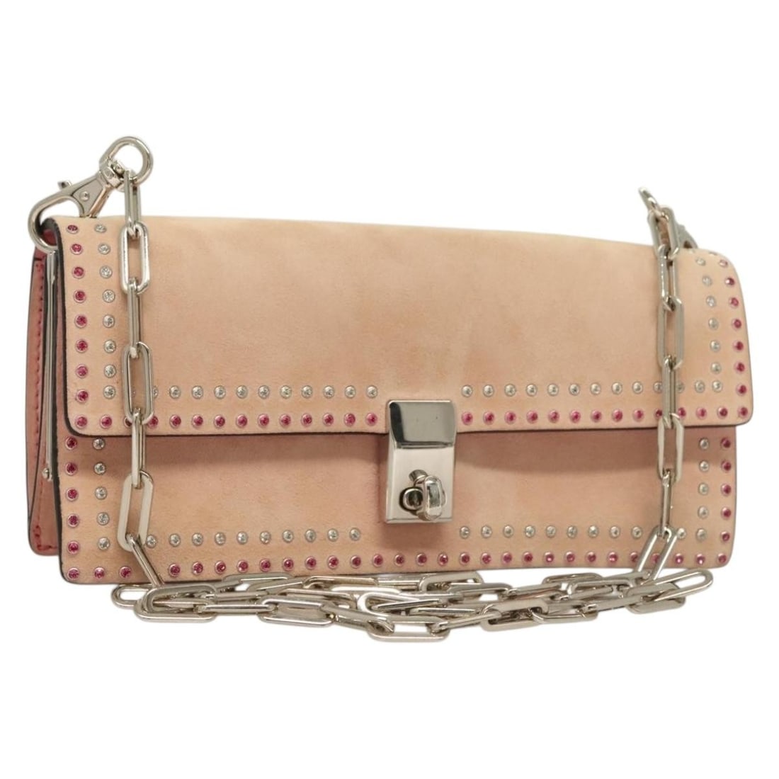 VALENTINO Rhinestone Chain Suede Shoulder Bag Pink Silver Italy: VALENTINO Rhinestone Chain Suede Shoulder Bag Pink Silver Italy This exquisite VALENTINO shoulder bag is a stunning accessory crafted from soft suede in a beautiful pink and silver color combination. 