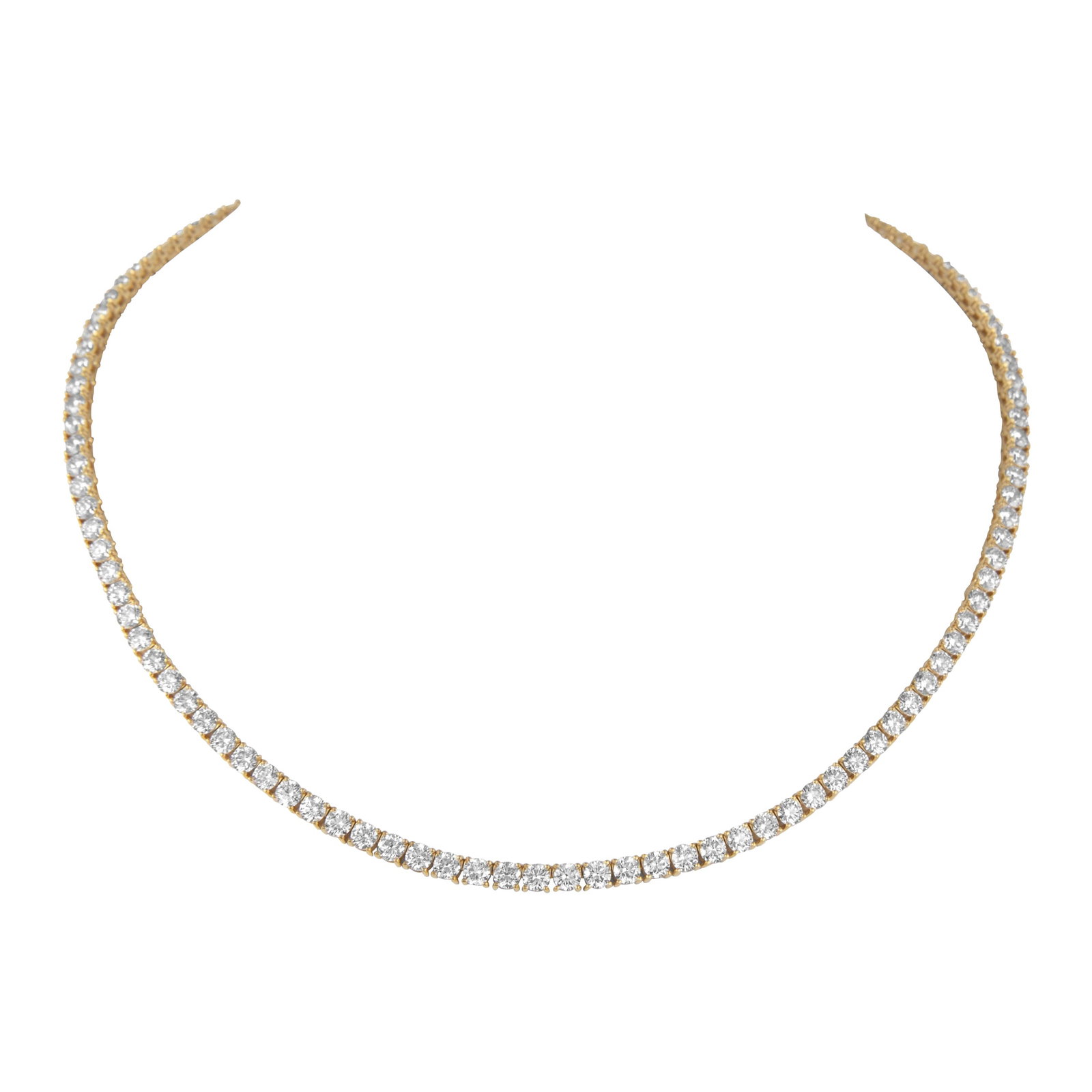 15.68ct Diamond Tennis Necklace 18k Yellow Gold 16in: 15.68ct Diamond Tennis Necklace 18k Yellow Gold 16in This stunning diamond tennis necklace features 114 round brilliant diamonds totaling 15.68 carats, beautifully set in 18k yellow gold. The necklace