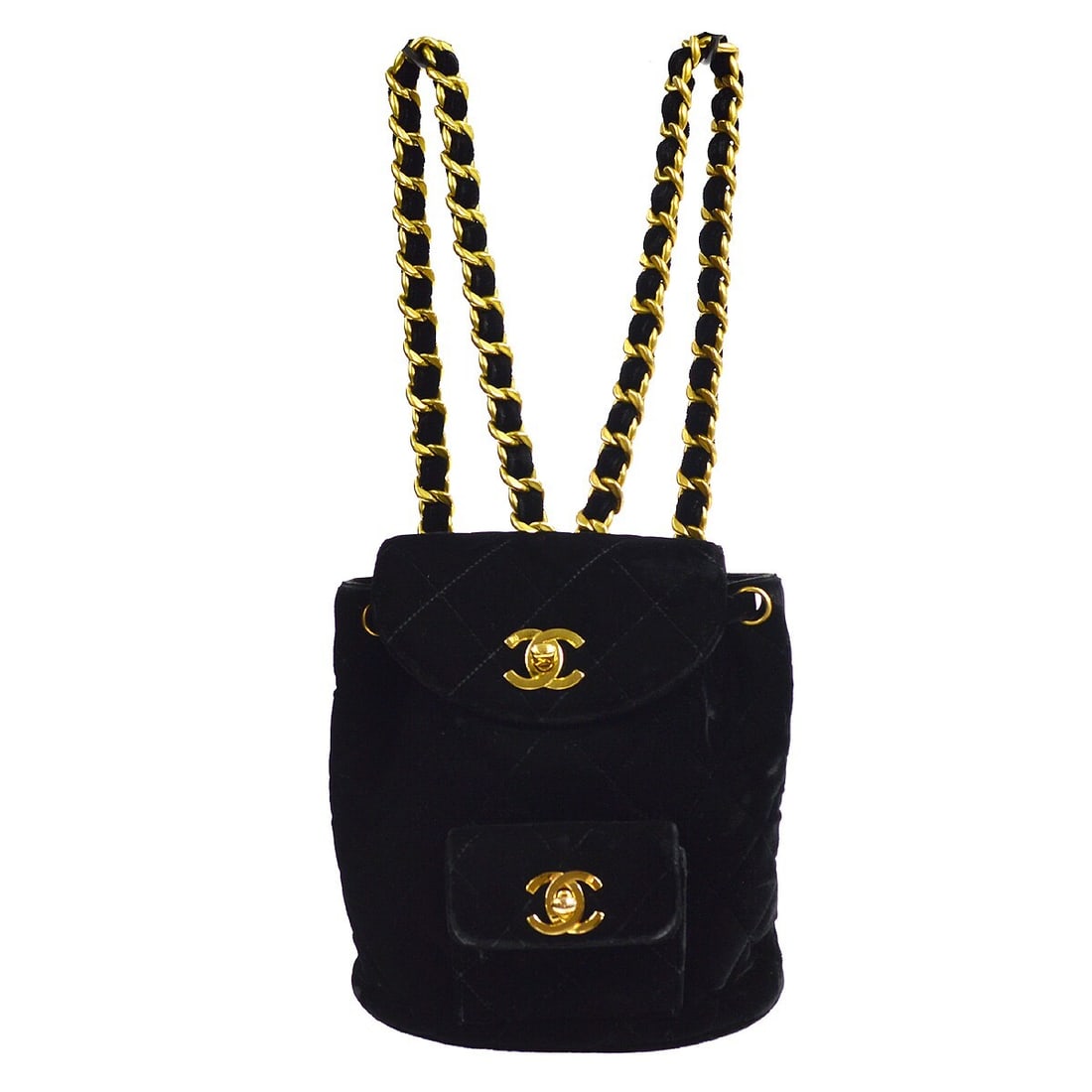 CHANEL Duma Mini Velvet Chain Strap Backpack: CHANEL Duma Mini Velvet Chain Strap Backpack This Chanel Duma backpack is crafted from luxurious black velvet and features a compact mini size. The bag is accented with the iconic Chanel logo and incl
