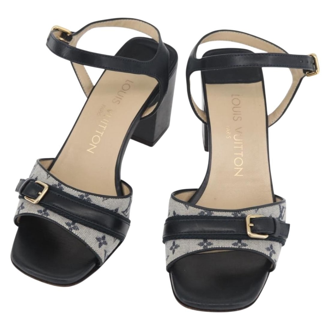 Louis Vuitton Blue Monogram Mini Canvas Sandals Women 34.5: Louis Vuitton Blue Monogram Mini Canvas Sandals Women 34.5 These Louis Vuitton Monogram Mini Heels Sandals feature a blue monogram mini canvas upper and a classic open-toe design. Crafted in France, t
