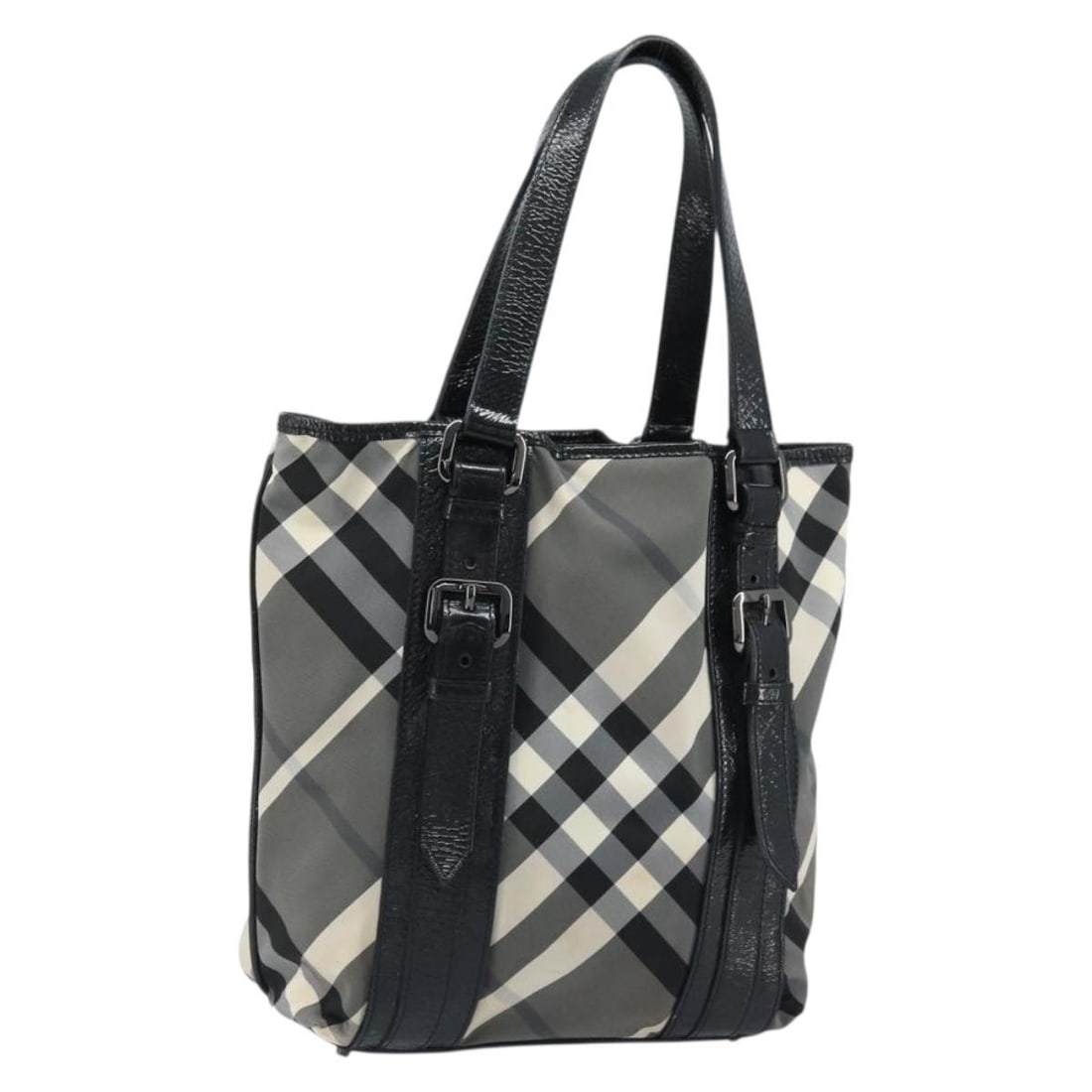 Burberry Nova Check Black Nylon Tote Bag with Silver Accents: Burberry Nova Check Black Nylon Tote Bag with Silver Accents This Burberry Nova Check tote bag features a black and silver nylon exterior with silver-tone accents. Designed for women, it offers a spac