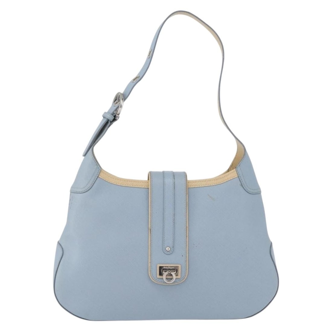 Gancini Blue Leather Shoulder Purse by Salvatore Ferragamo: Gancini Blue Leather Shoulder Purse by Salvatore Ferragamo This Salvatore Ferragamo Gancini shoulder bag is crafted from blue leather and designed for women. The bag features a spacious interior and c