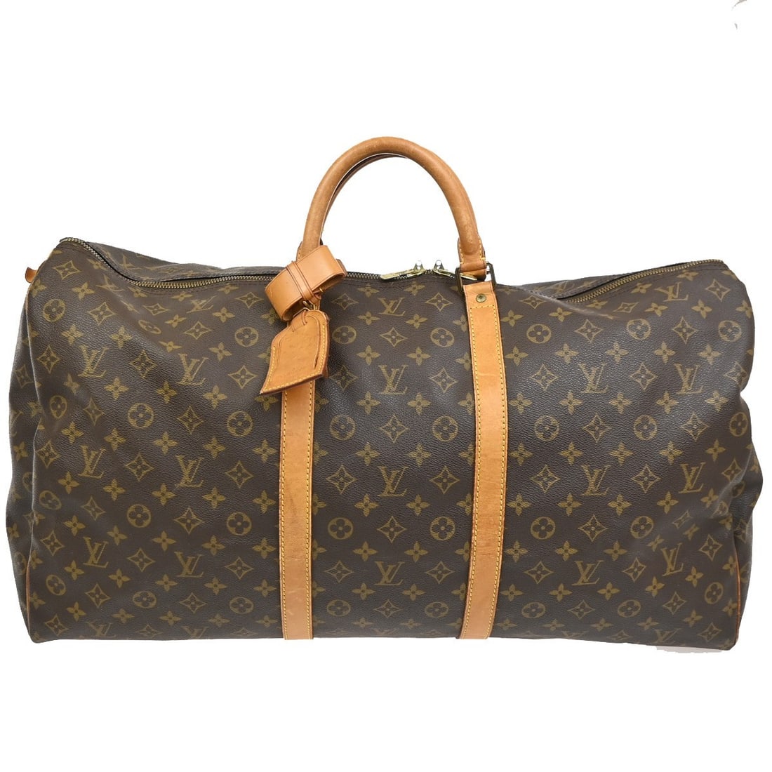 Louis Vuitton Keepall 60 Leather Travel Bag Brown Unisex: Louis Vuitton Keepall 60 Leather Travel Bag Brown Unisex This Louis Vuitton Keepall 60 travel bag features the iconic monogram canvas with leather trim, designed for unisex use. It offers spacious dim