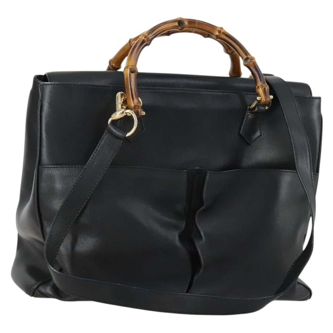 Gucci Bamboo black gold leather women s handbag 002 123 0322: Gucci Bamboo black gold leather women s handbag 002 123 0322 This GUCCI Bamboo Hand Bag features a black and gold leather exterior and is designed for women. The bag measures approximately 14.6 inches