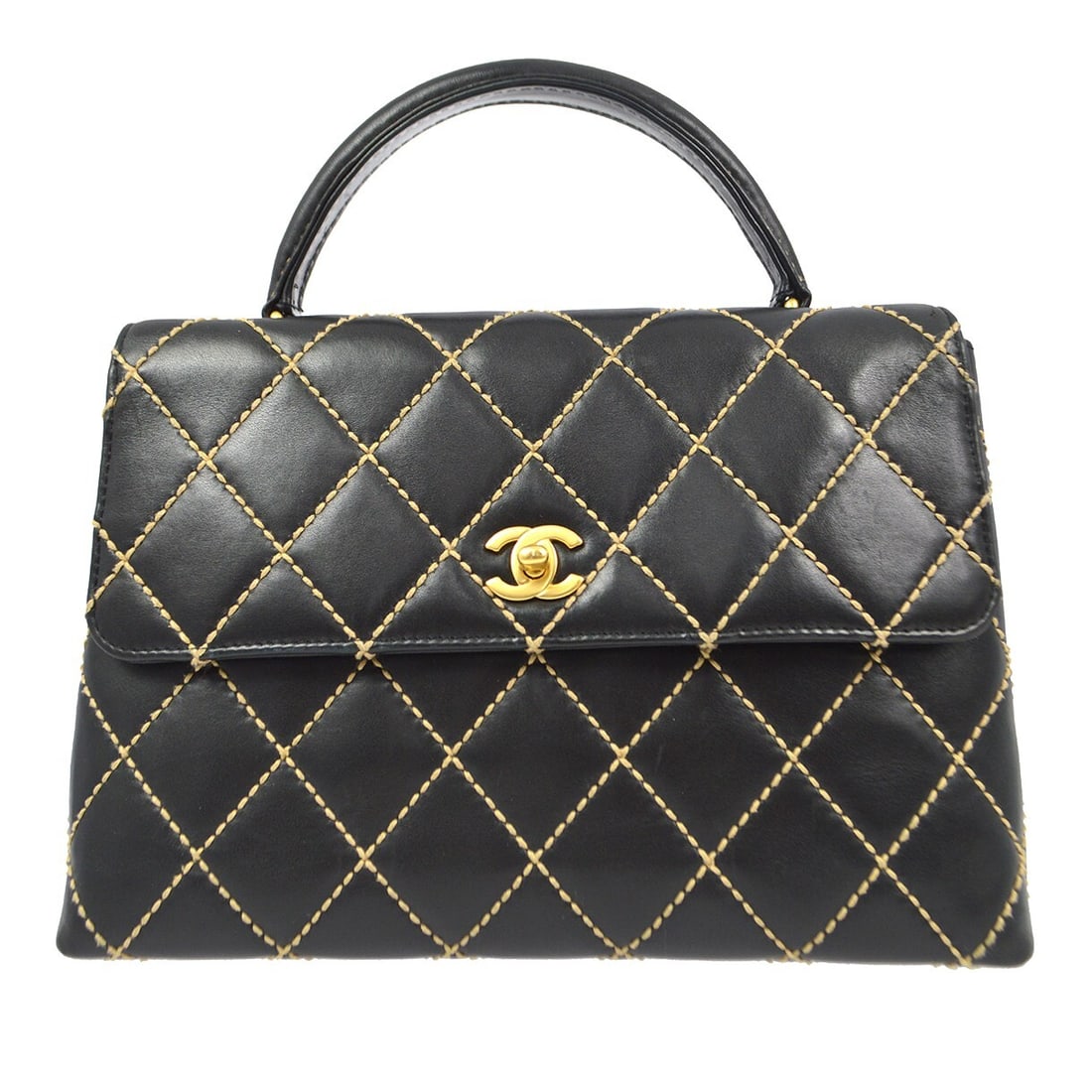 CHANEL Wild Stitch black calfskin quilted turnlock handbag: CHANEL Wild Stitch black calfskin quilted turnlock handbag This Chanel Wild Stitch handbag features a black quilted calfskin leather exterior with signature logo accents and a turnlock closure. The me