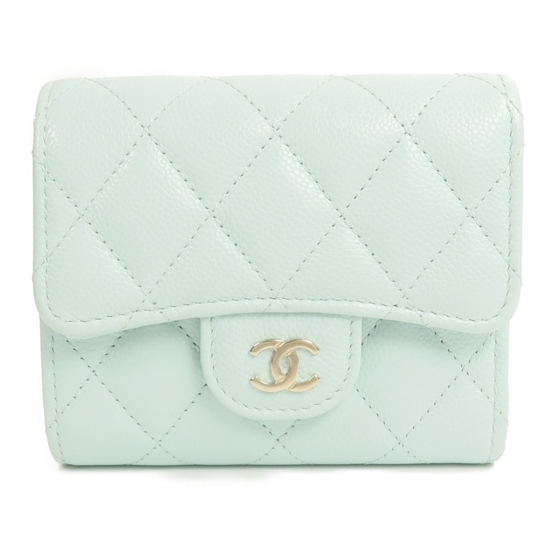CHANEL Classic Small Flap Bi-fold Wallet Green Calfskin GHW AP0230: CHANEL Classic Small Flap Bi-fold Wallet Green Calfskin GHW AP0230 This is a CHANEL CC Classic Small Flap Wallet in green calfskin leather, featuring gold-tone hardware. The bi-fold design offers a st