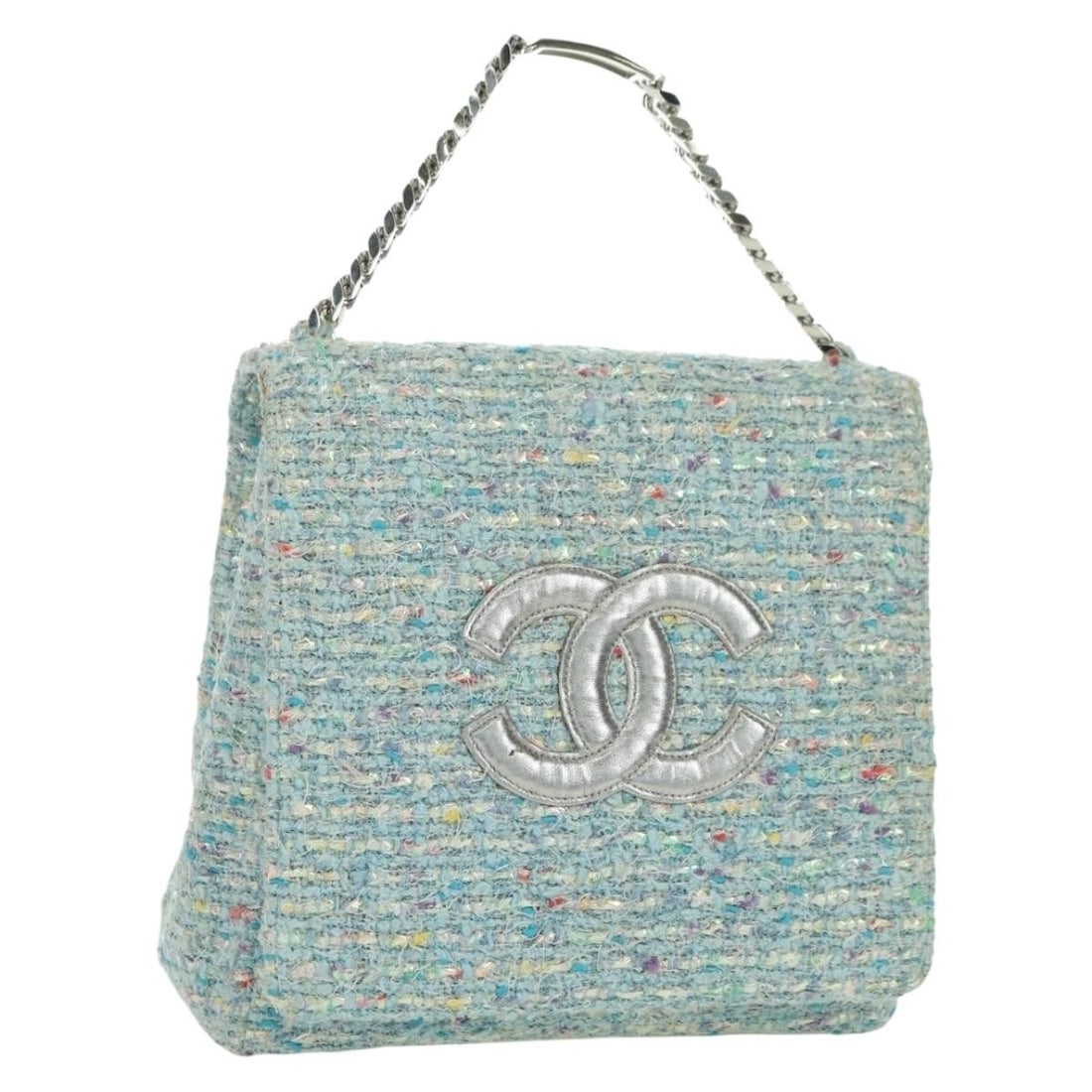 CHANEL Light Blue Silver Canvas Chain Handbag Dust Bag Box: CHANEL Light Blue Silver Canvas Chain Handbag Dust Bag Box This CHANEL chain handbag features a light blue and silver tweed canvas exterior, complemented by silver-tone CC hardware. Designed for women