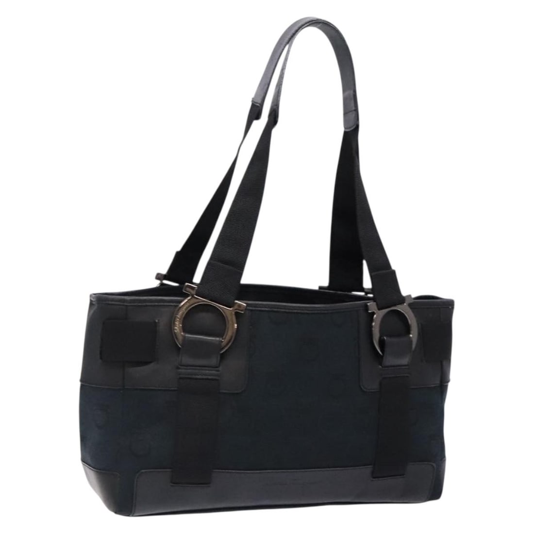 Salvatore Ferragamo Gancini Black Canvas Tote Bag Italy Auth: Salvatore Ferragamo Gancini Black Canvas Tote Bag Italy Auth This Salvatore Ferragamo Gancini Tote Bag is a sophisticated accessory crafted from durable black canvas. The tote features a spacious inte