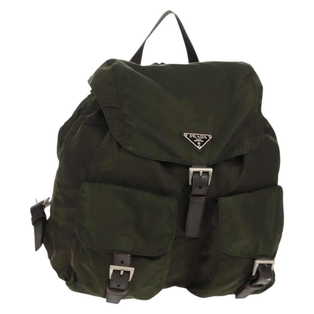 Prada Khaki Nylon Backpack with Silver Tone Accents: Prada Khaki Nylon Backpack with Silver Tone Accents This PRADA backpack is crafted from durable khaki nylon with silver-tone accents, offering a functional and stylish design. Made in Italy, it featur
