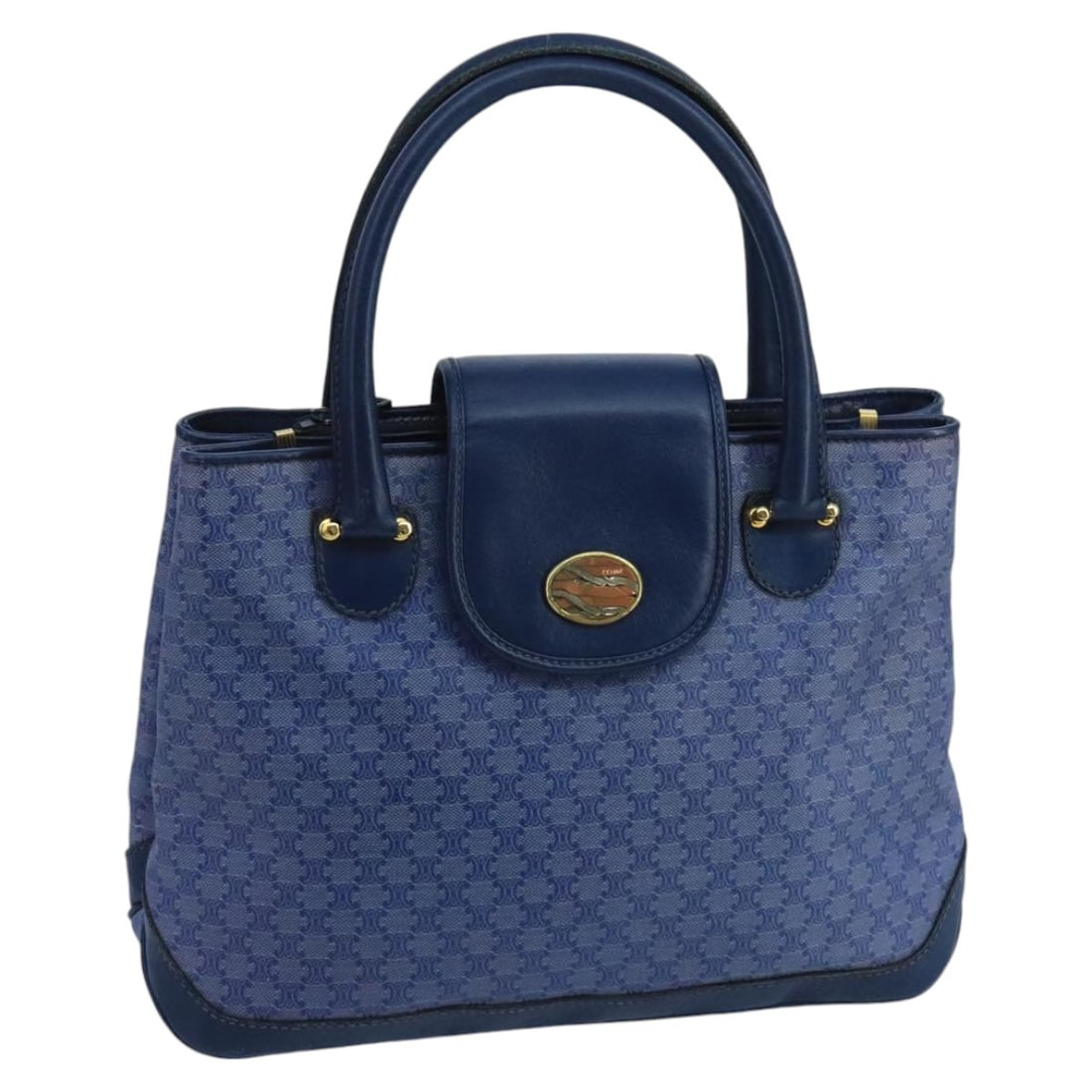CELINE Macadam Canvas Blue Gold Women Handbag Italy: CELINE Macadam Canvas Blue Gold Women Handbag Italy This CELINE hand bag features the iconic Macadam canvas in blue and gold tones. Designed for women, it is crafted in Italy and offers a spacious int