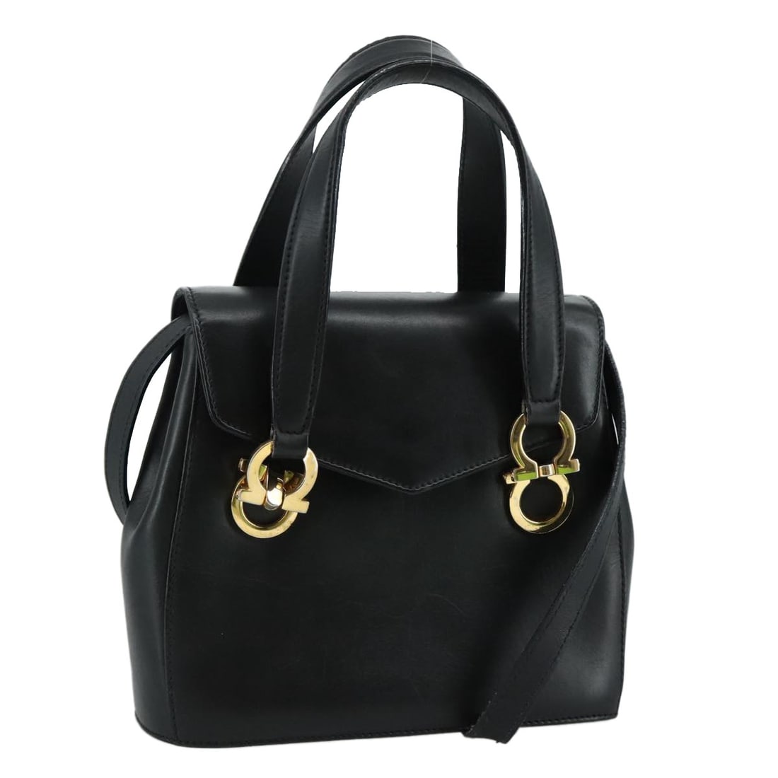 Salvatore Ferragamo Black Leather Gancini 2way Handbag with Shoulder Strap: Salvatore Ferragamo Black Leather Gancini 2way Handbag with Shoulder Strap This Salvatore Ferragamo Gancini handbag is crafted from black leather and offers versatile carrying options with its two-way