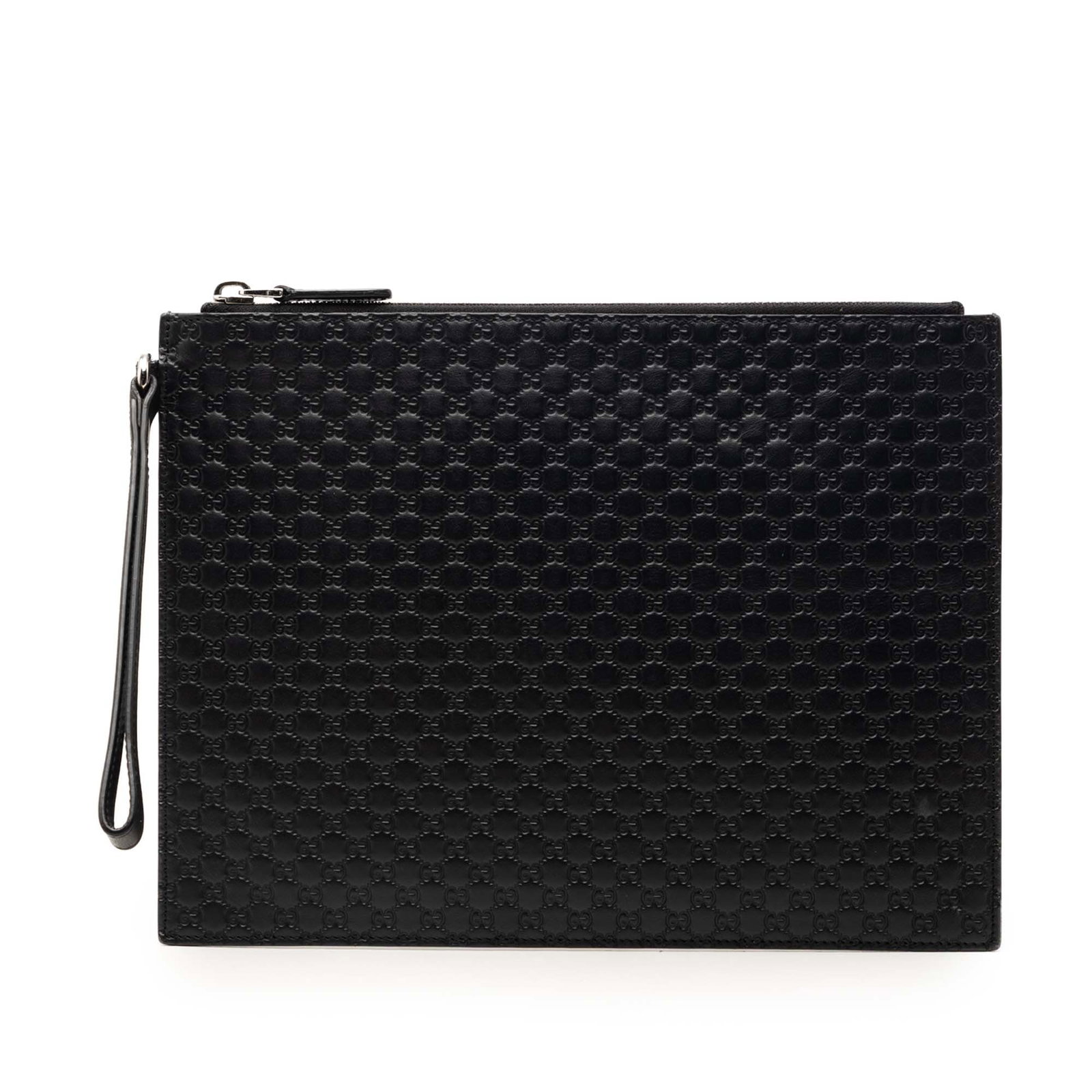 Gucci Microguccissima black leather wristlet clutch: Gucci Microguccissima black leather wristlet clutch This Gucci Microguccissima Clutch features an embossed leather exterior in black, complemented by a flat leather wrist strap and a top zip closure. 