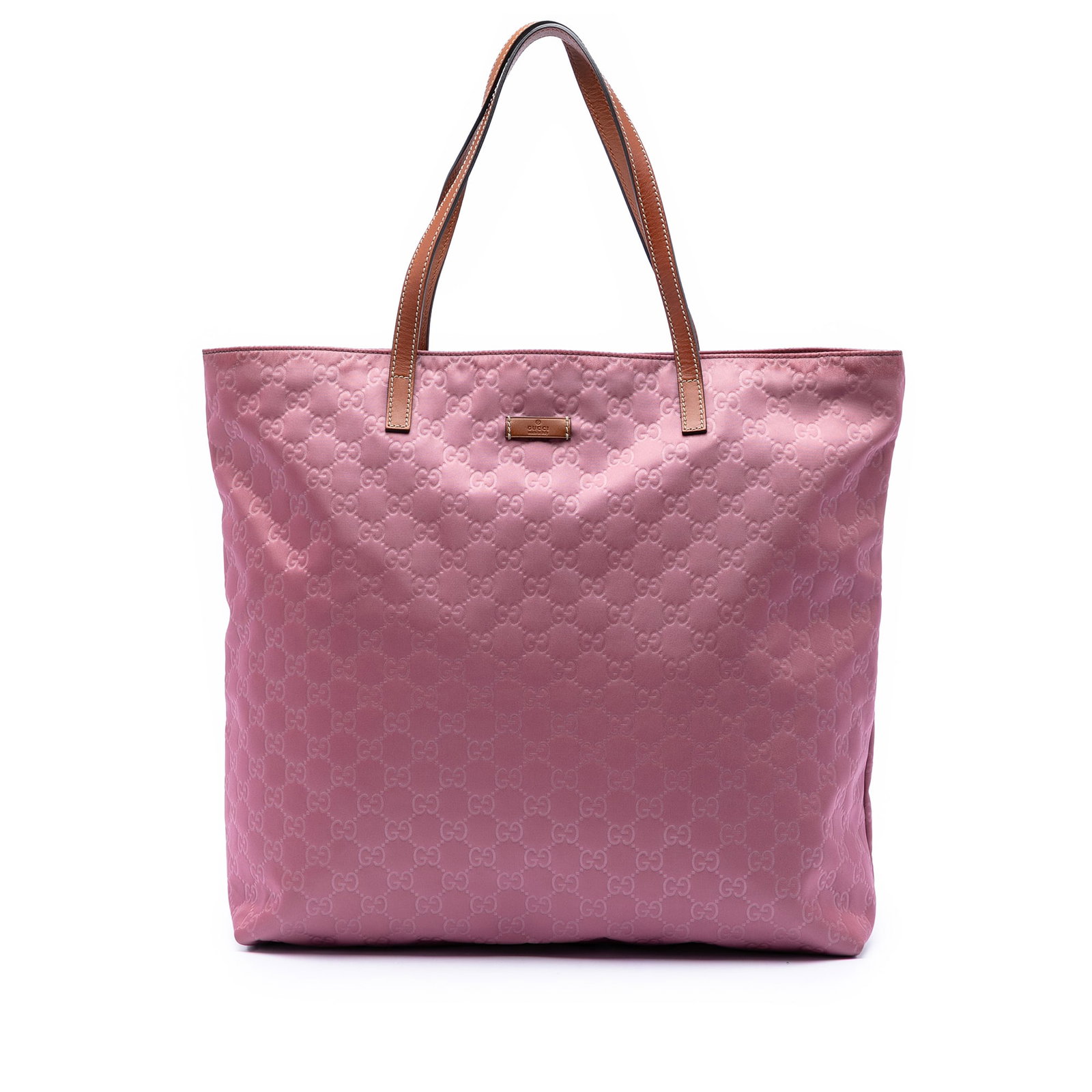 Gucci GG Nylon Pink Tote Bag: Gucci GG Nylon Pink Tote Bag This Gucci GG Nylon Tote features a pink nylon body with flat leather straps. The bag has an open top design and includes interior zip and slip pockets for organization. P