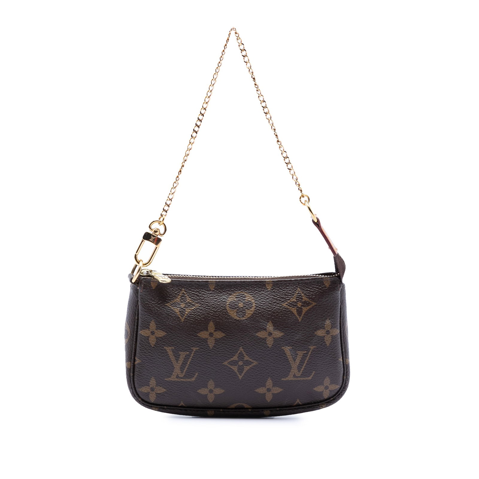 Monogram Canvas Mini Pouch with Chain Strap by Louis Vuitton: Monogram Canvas Mini Pouch with Chain Strap by Louis Vuitton This Louis Vuitton Mini Pochette Accessoires features a classic monogram canvas body with a gold-tone chain link strap and a top zip closur