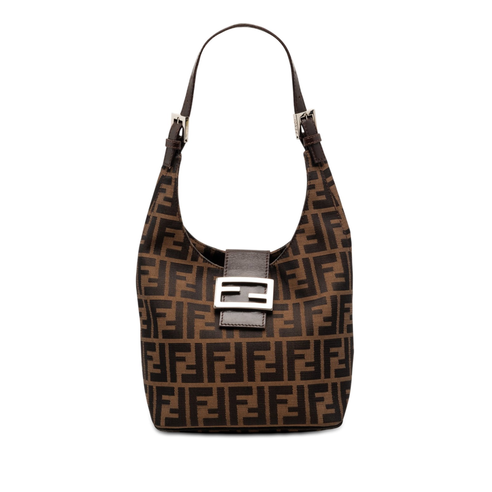 Fendi Brown Zucca Pattern Canvas Shoulder Bag with Leather Strap: Fendi Brown Zucca Pattern Canvas Shoulder Bag with Leather Strap This Fendi Zucca Canvas Shoulder Bag features a brown canvas body with the iconic Zucca pattern, complemented by a flat leather shoulde
