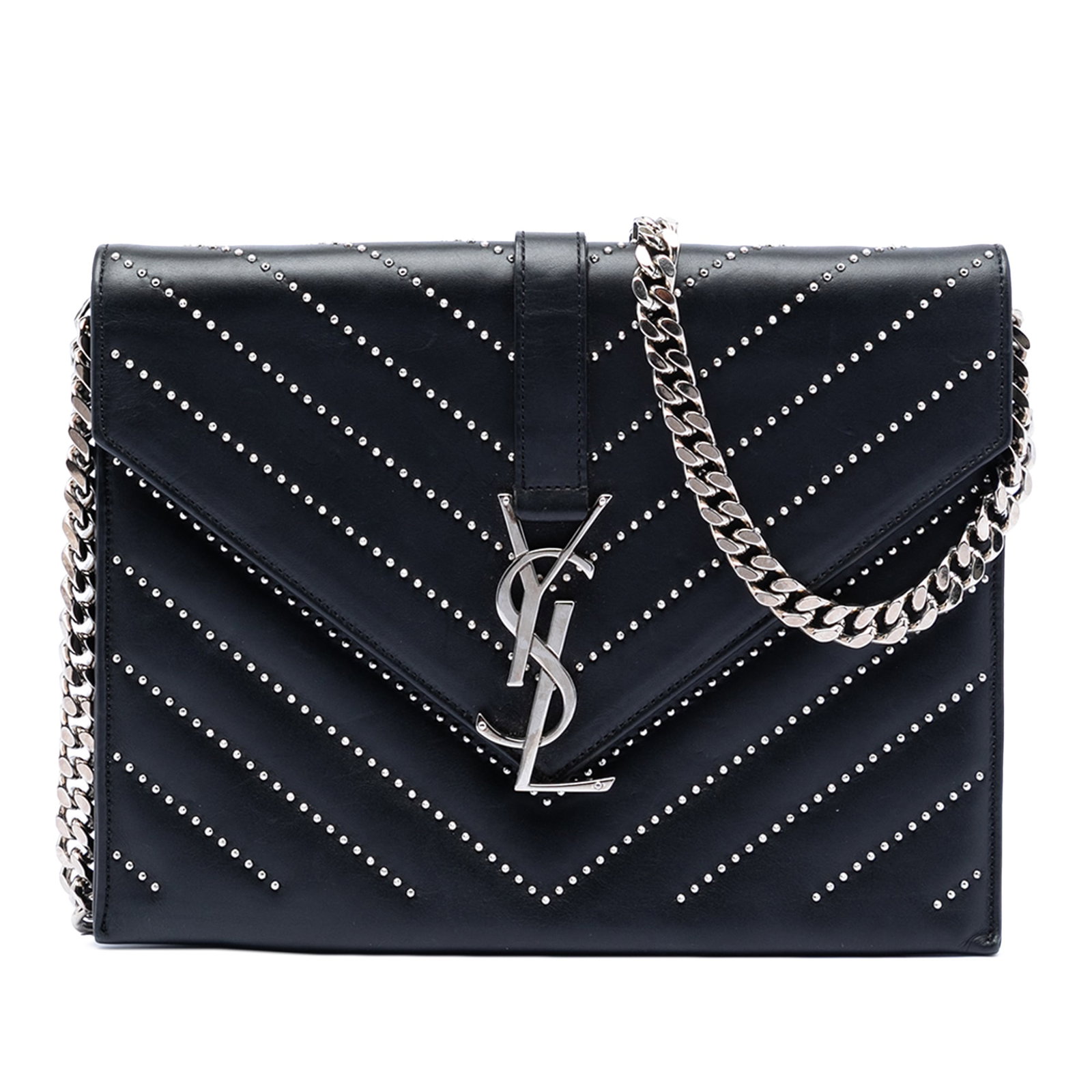 Saint Laurent Monogram Studded Leather Chevron Envelope Shoulder Bag: Saint Laurent Monogram Studded Leather Chevron Envelope Shoulder Bag This Saint Laurent crossbody bag showcases a studded chevron calfskin leather design with a front flap and snap fastener closure. I