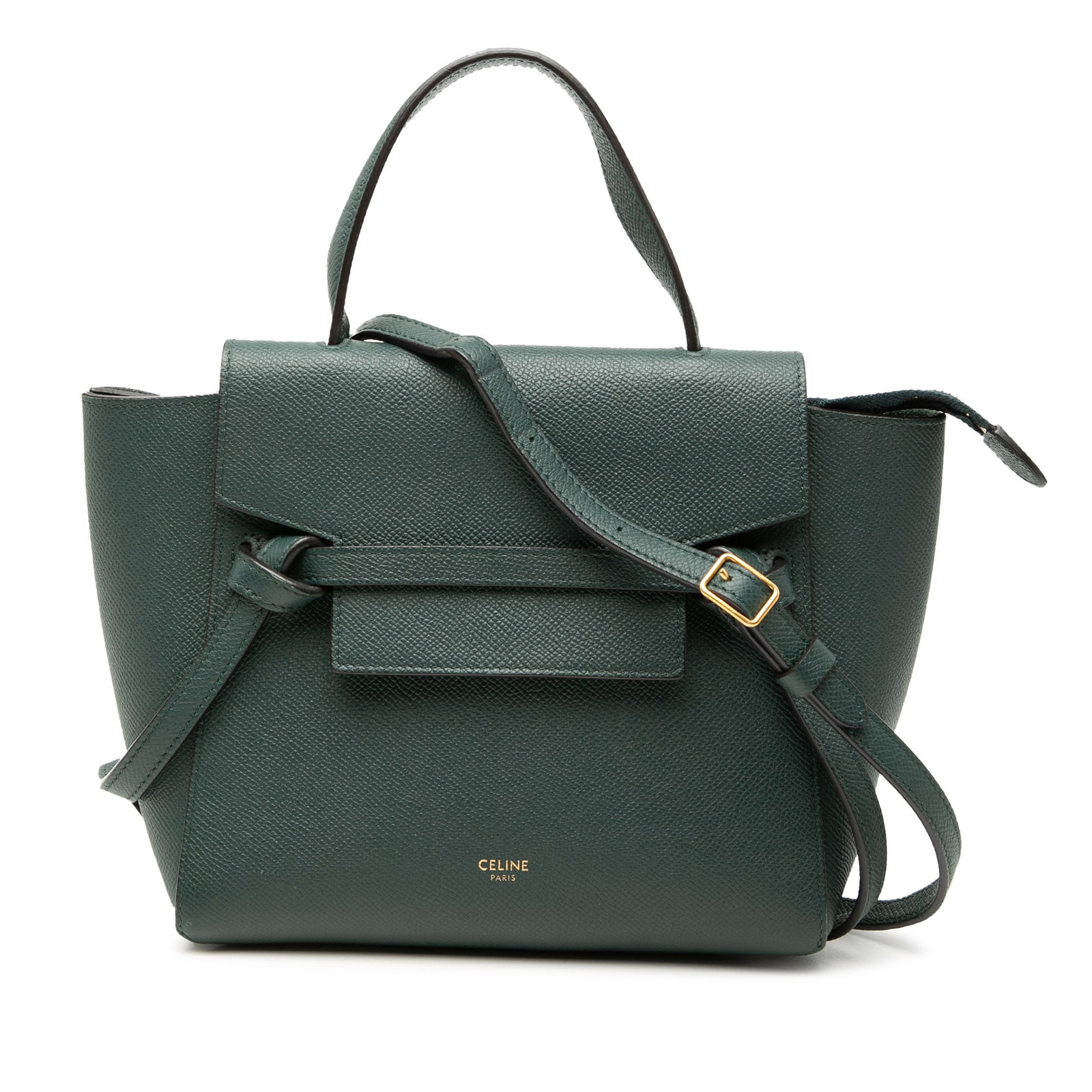 Celine Nano Grained Calfskin Green Belt Bag: Celine Nano Grained Calfskin Green Belt Bag This Celine Nano Grained Calfskin Belt Bag is crafted from green leather and features a structured silhouette with a flat leather top handle and a detachabl