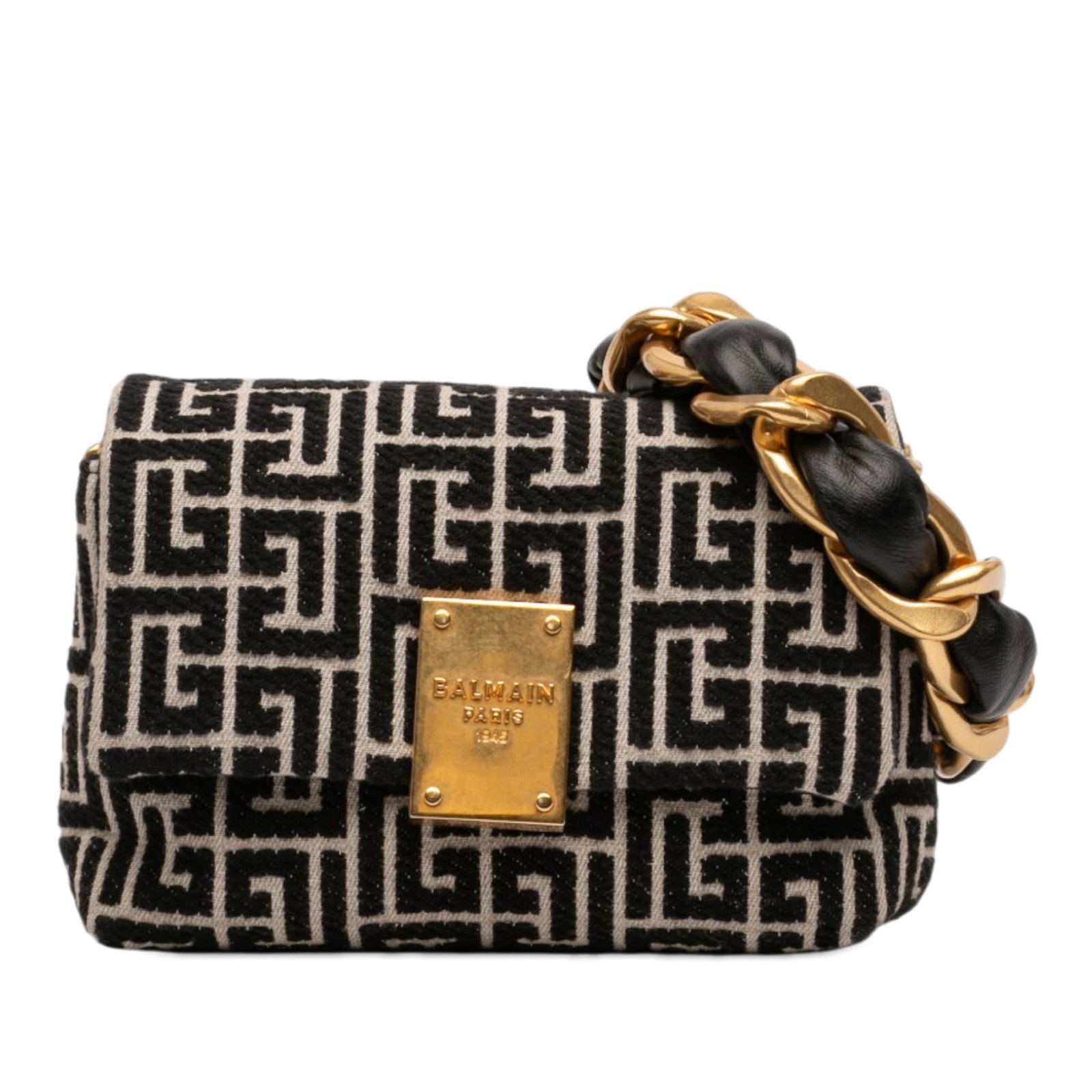 Balmain 1945 Jacquard Mini Crossbody Bag Gold Tone Chain: Balmain 1945 Jacquard Mini Crossbody Bag Gold Tone Chain This Balmain Mini Monogram Jacquard 1945 Crossbody bag features a jacquard fabric exterior in black, accented with a gold tone chain and a leat