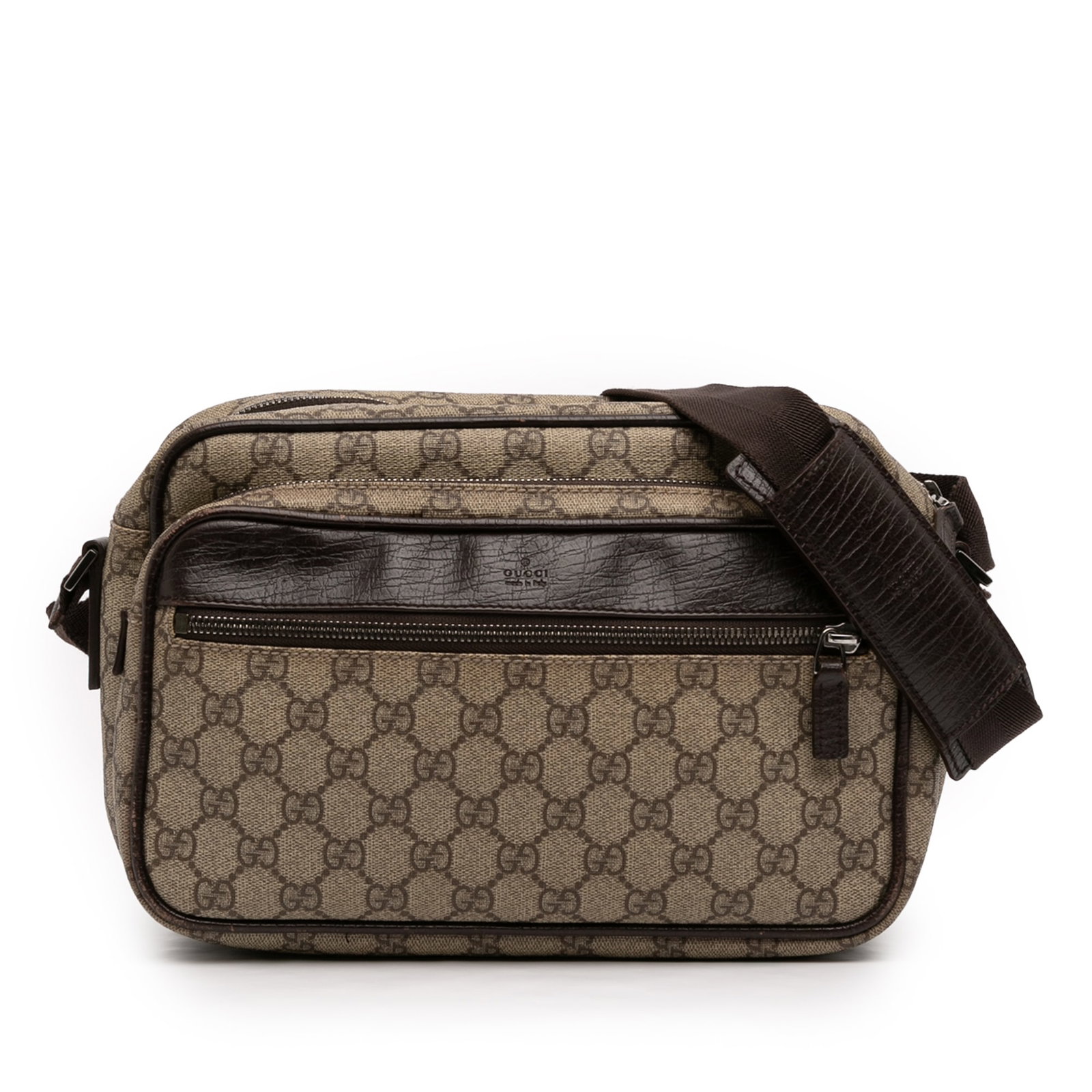 Gucci GG Supreme beige coated canvas crossbody bag: Gucci GG Supreme beige coated canvas crossbody bag This Gucci GG Supreme Crossbody bag features a coated canvas body with leather trim, an adjustable flat strap, a top zip closure, an exterior front z