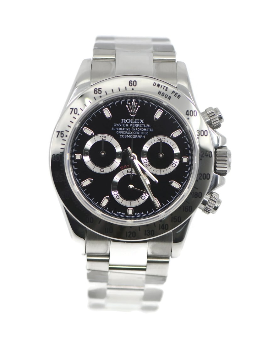 Rolex Daytona 40 mm Stainless Steel Chronograph Wristwatch: Rolex Daytona 40 mm Stainless Steel Chronograph Wristwatch This Rolex Daytona 116520 is a pre-owned men's wristwatch featuring a stainless steel case and bracelet. The watch has a polished finish, a b
