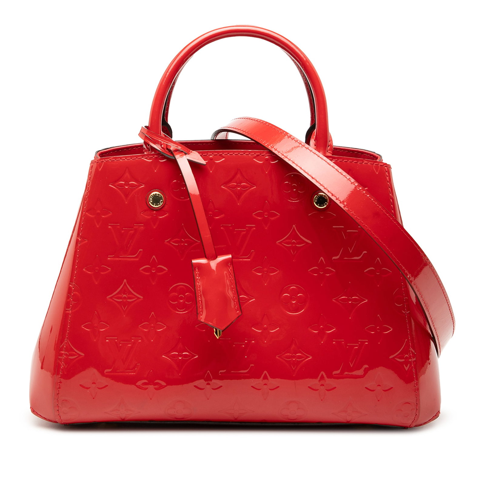 Louis Vuitton Montaigne BB Vernis red leather bag: Louis Vuitton Montaigne BB Vernis red leather bag This Louis Vuitton Monogram Vernis Montaigne BB bag features a red monogram vernis leather body with rolled handles and a detachable leather strap. It