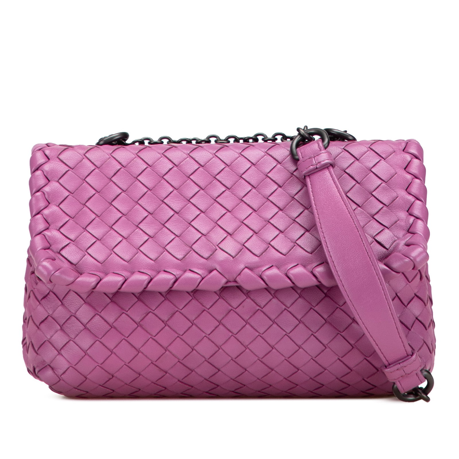 Bottega Veneta Pink Baby Nappa Intrecciato Olimpia Crossbody Bag: Bottega Veneta Pink Baby Nappa Intrecciato Olimpia Crossbody Bag The Bottega Veneta Baby Nappa Intrecciato Olimpia Crossbody is a stylish and elegant bag crafted from woven leather. It features a chai
