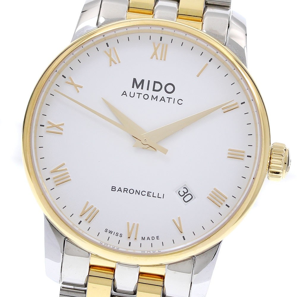 MIDO Baroncelli Automatic Date Men's Wristwatch: MIDO Baroncelli Automatic Date Men's Wristwatch This MIDO Baroncelli Date men's wristwatch features a stainless steel and gold-plated case and bracelet, complemented by a white dial. It is powered by 