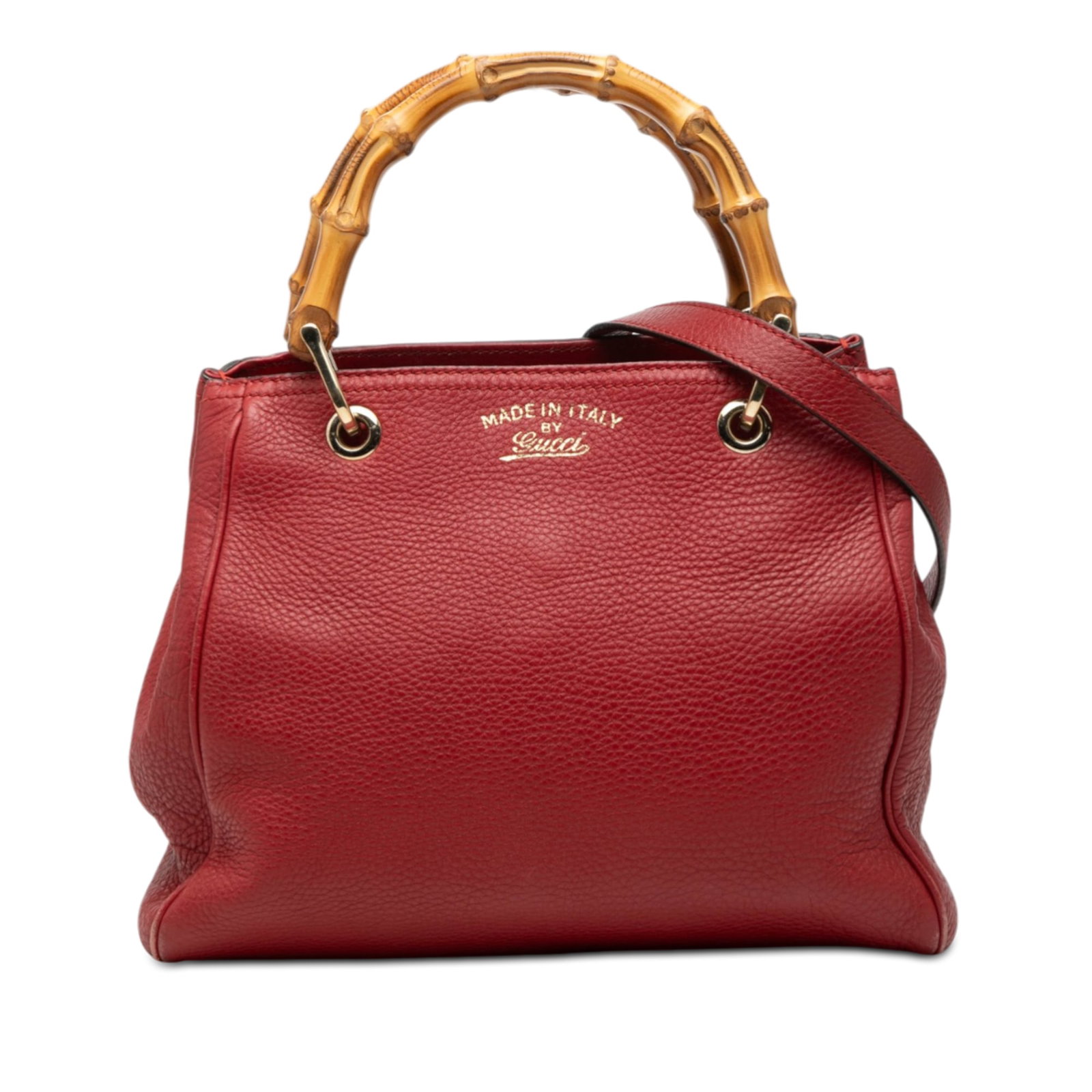 Red Leather Bamboo Handle Small Shopper Satchel by Gucci: Red Leather Bamboo Handle Small Shopper Satchel by Gucci This Gucci Small Calfskin Bamboo Shopper Satchel features a red leather body with distinctive bamboo top handles. It includes a detachable and 