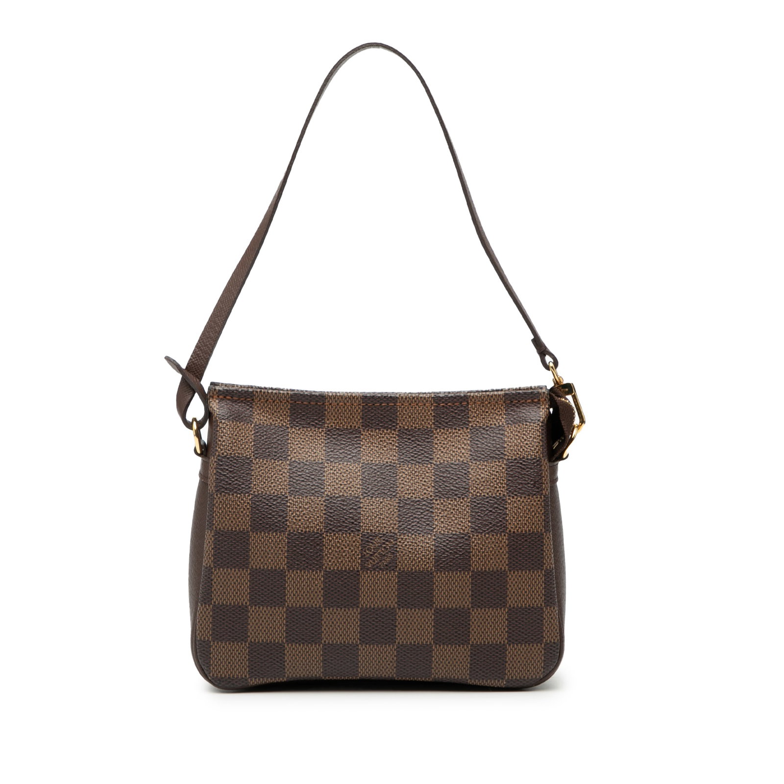 Damier Ebene canvas Trousse Pochette bag by Louis Vuitton: Damier Ebene canvas Trousse Pochette bag by Louis Vuitton This Louis Vuitton Damier Ebene Trousse Pochette features a brown Damier Ebene canvas body with leather trim, a flat leather handle, and a top