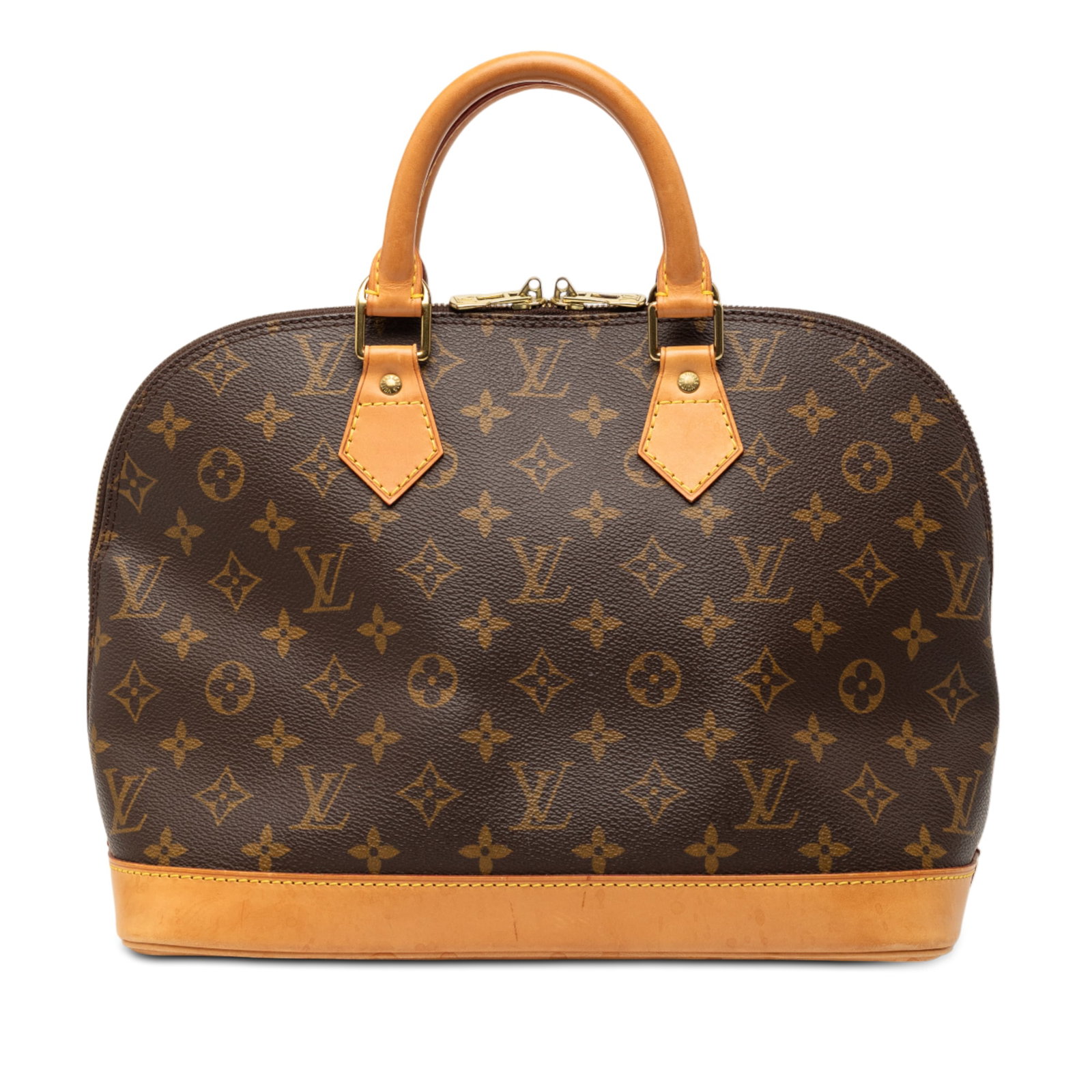 Louis Vuitton Alma PM Brown Monogram Canvas Bag with Leather Trim: Louis Vuitton Alma PM Brown Monogram Canvas Bag with Leather Trim This Louis Vuitton Monogram Alma PM features a classic monogram canvas body complemented by vachetta leather trim and rolled leather h