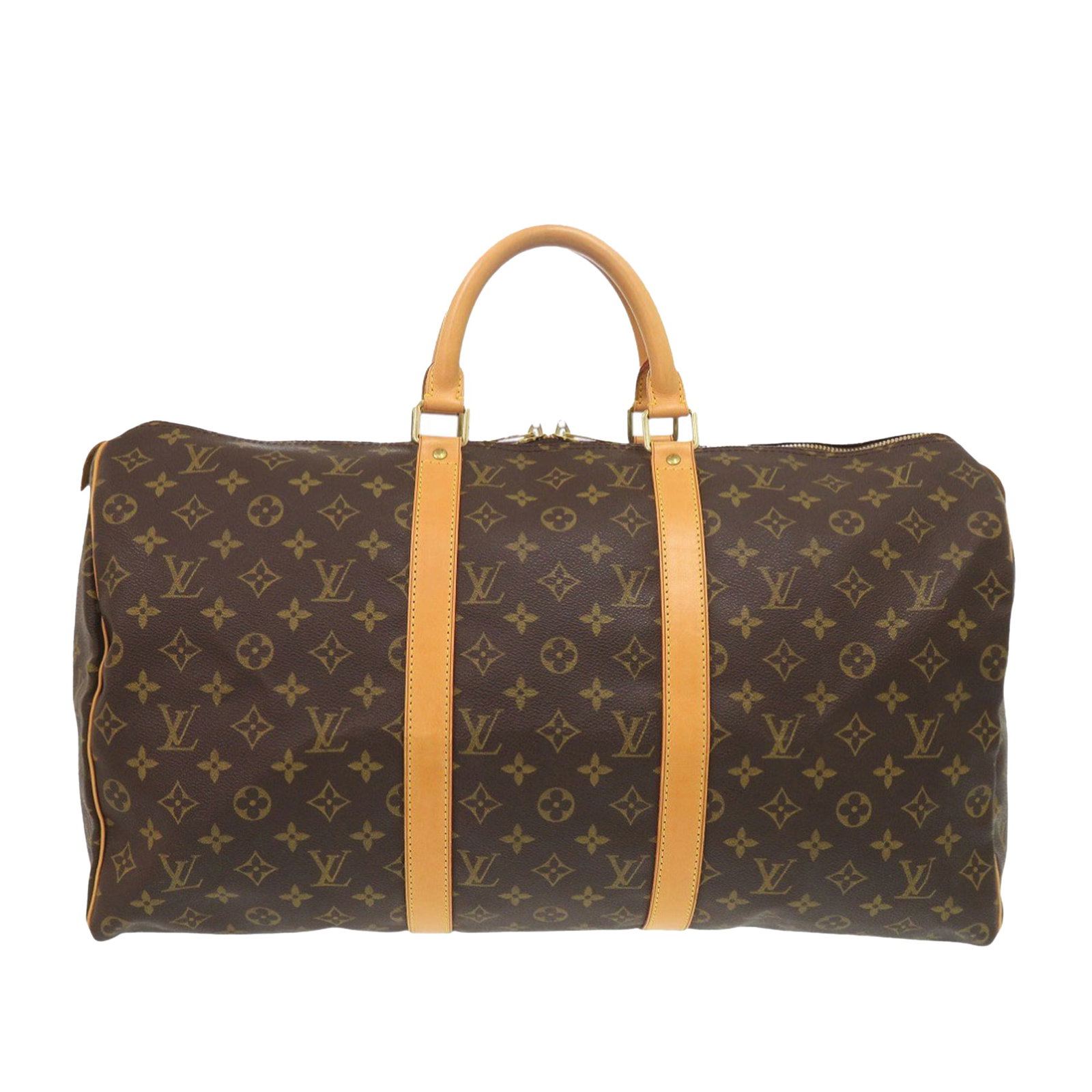 Louis Vuitton Keepall 50 Monogram Canvas Travel Bag with Leather Handles: Louis Vuitton Keepall 50 Monogram Canvas Travel Bag with Leather Handles The Louis Vuitton Monogram Keepall 50 features the classic monogram canvas body with rolled vachetta leather handles and a top 