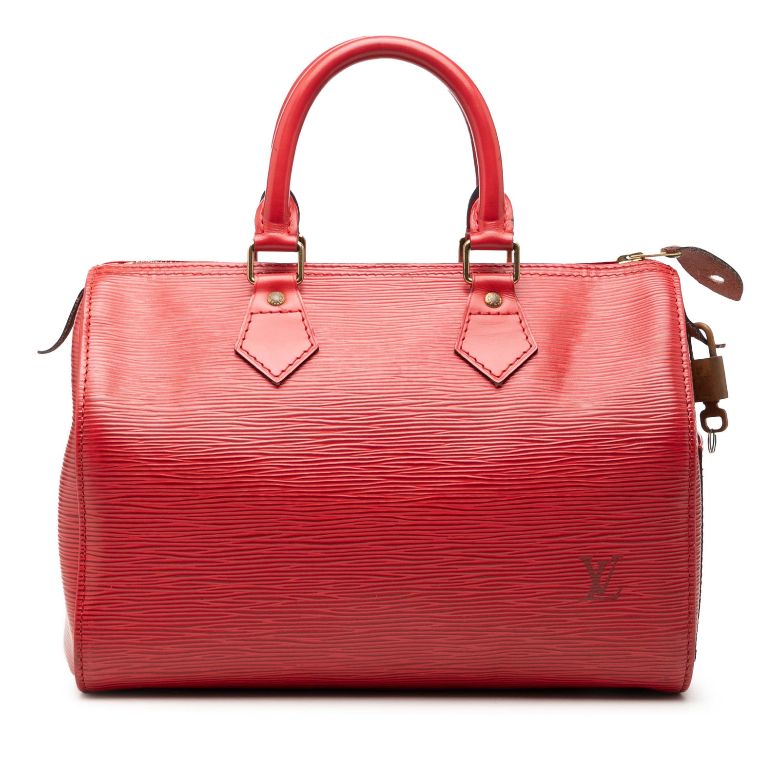 Louis Vuitton Epi leather Speedy 30 red bag: Louis Vuitton Epi leather Speedy 30 red bag This Louis Vuitton Epi Speedy 30 features a distinctive red epi leather body with rolled handles, a secure top zip closure, and both exterior and interior s