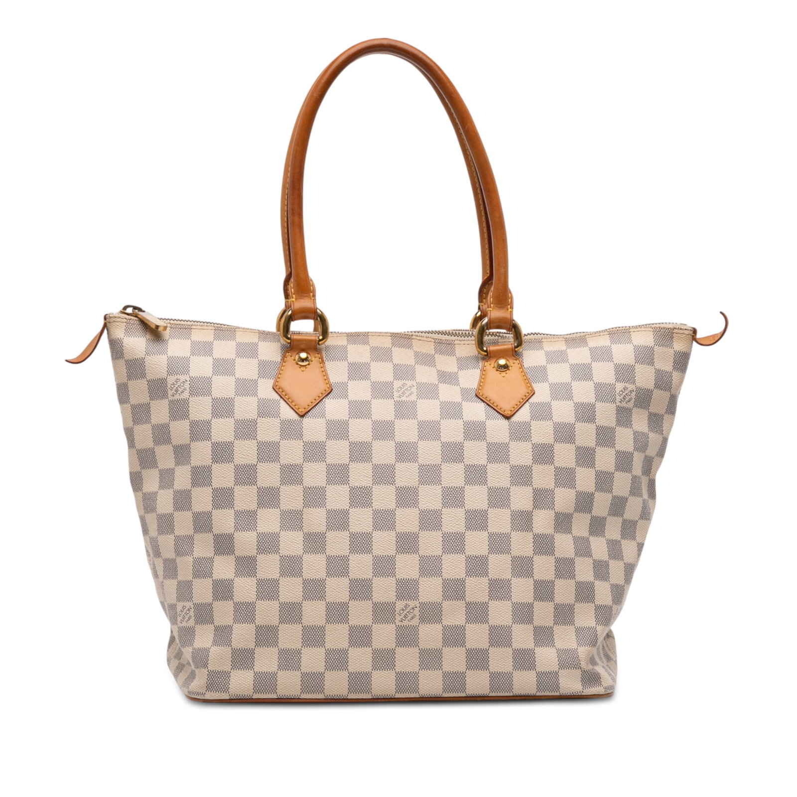 Damier Azur Canvas Saleya MM Tote Bag by Louis Vuitton: Damier Azur Canvas Saleya MM Tote Bag by Louis Vuitton The Louis Vuitton Damier Azur Saleya MM is crafted from Damier canvas and features rolled vachetta leather handles, a top zip closure, and interi
