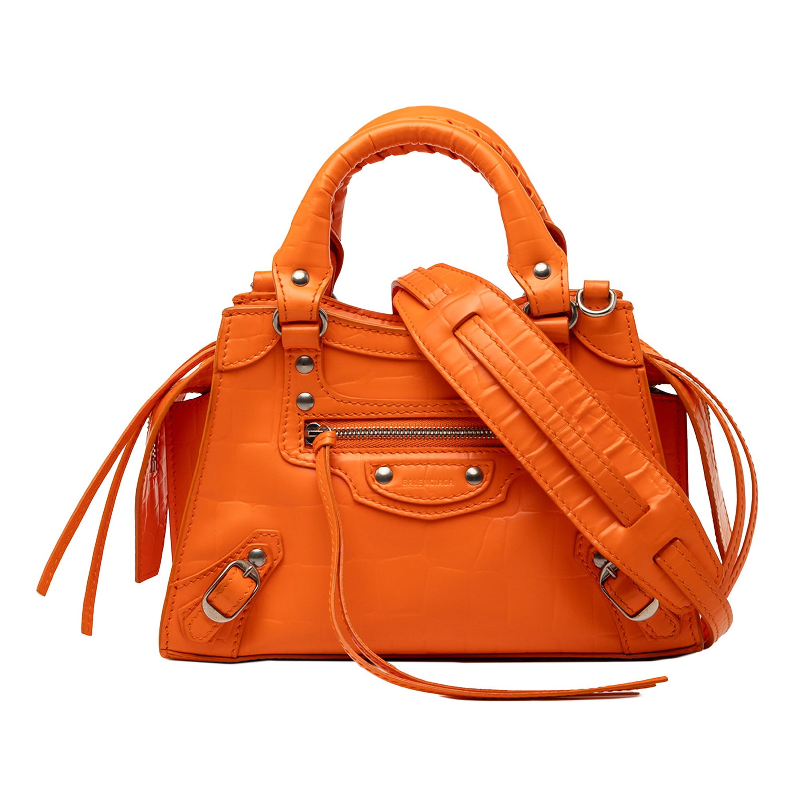 Balenciaga orange embossed leather mini city satchel: Balenciaga orange embossed leather mini city satchel This Balenciaga Mini Croc Embossed Calfskin Neo Classic City bag features an embossed leather body with a crocodile pattern, rolled leather handles
