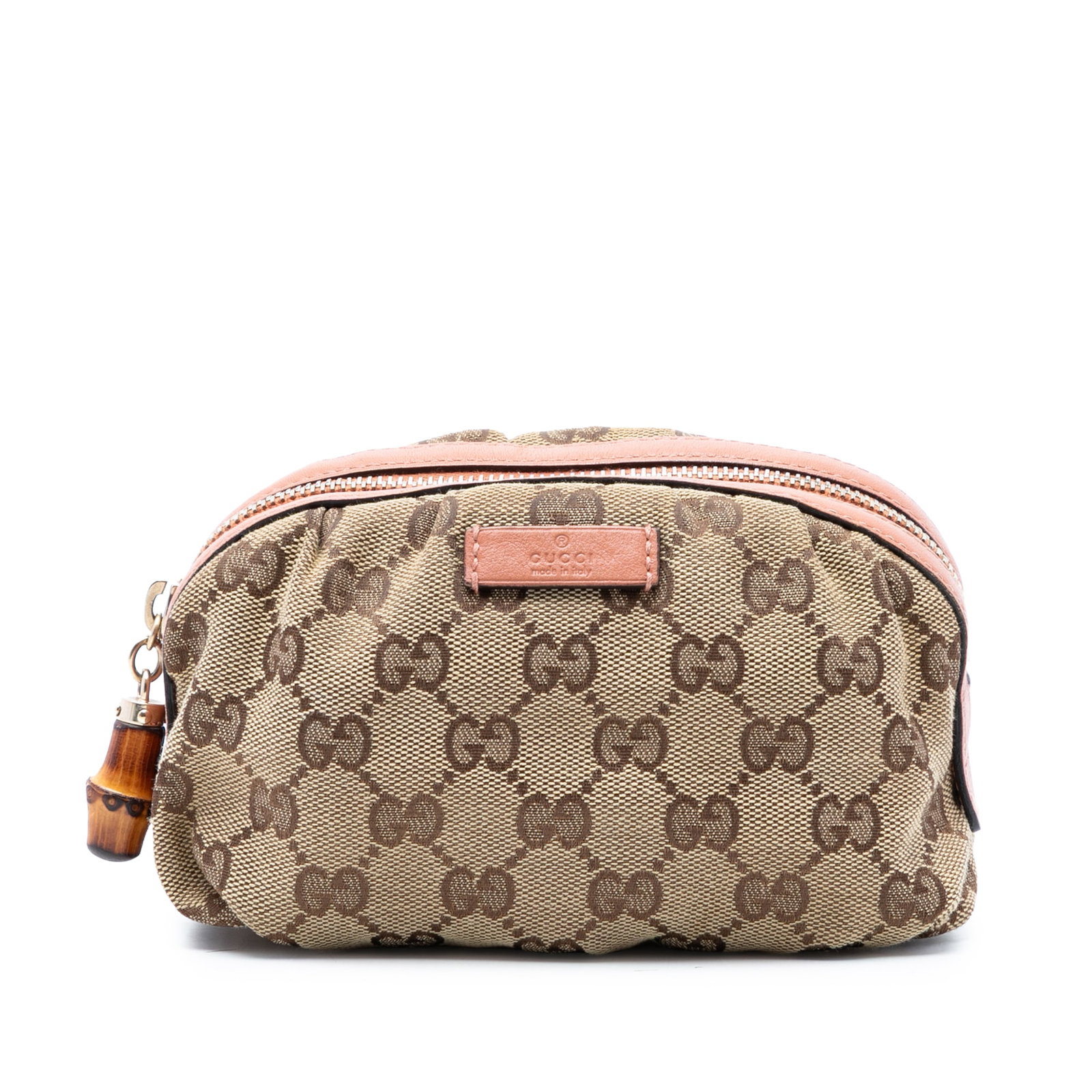Gucci Bamboo GG Canvas Beige Clutch Bag: Gucci Bamboo GG Canvas Beige Clutch Bag This Gucci GG Canvas Bamboo Clutch features a beige canvas body with leather trim, a top zip closure, and an interior slip pocket. Made in Italy, this stylish c