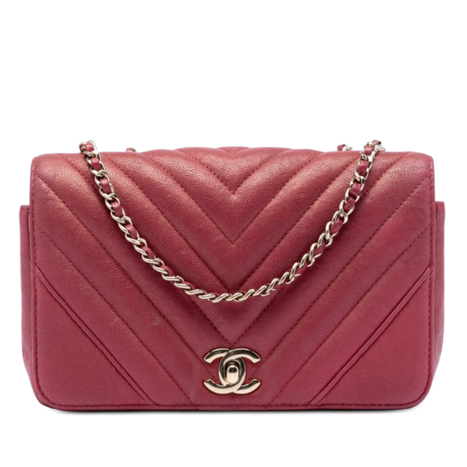 Red Chanel Chevron Caviar Leather Small Flap Shoulder Bag with Chain Strap: Red Chanel Chevron Caviar Leather Small Flap Shoulder Bag with Chain Strap This Chanel Small Chevron Caviar Statement Flap shoulder bag features a quilted caviar leather body in red, leather-woven cha