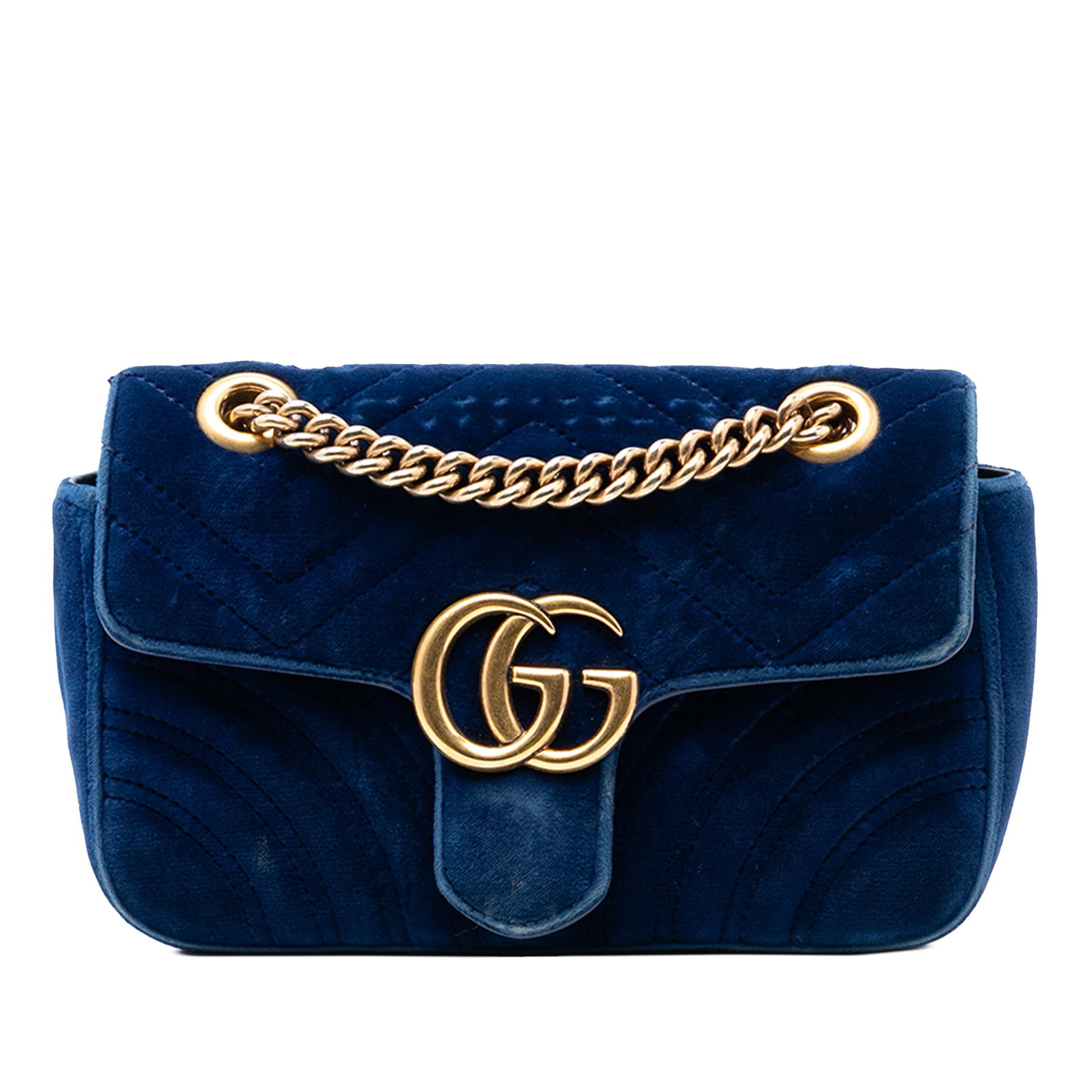 Gucci GG Marmont blue velvet shoulder bag: Gucci GG Marmont blue velvet shoulder bag This Gucci Small GG Marmont Matelasse Velvet Shoulder Bag is crafted with a quilted velvet exterior in blue and features a curb chain strap with a leather sho