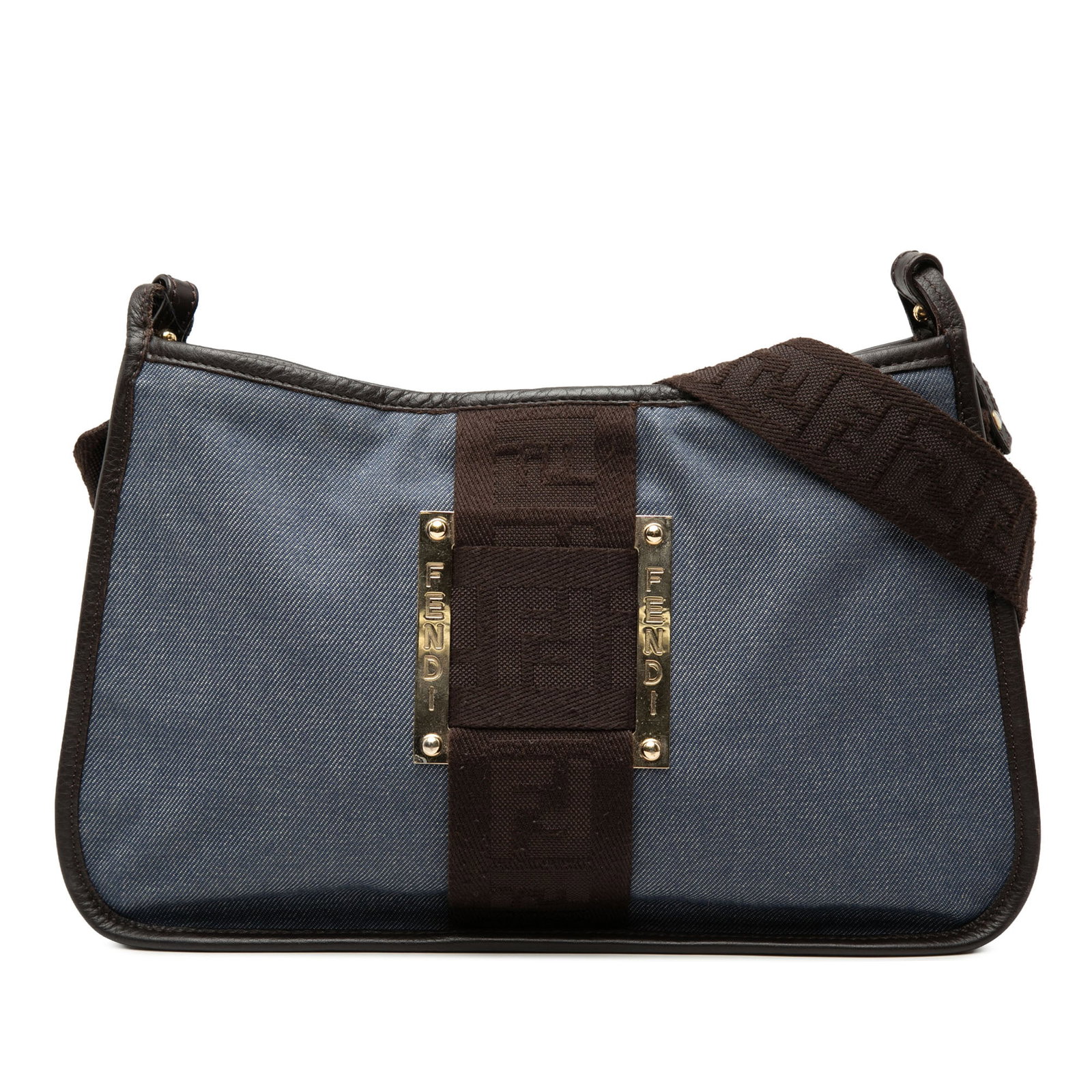 Fendi blue denim pochette crossbody bag: Fendi blue denim pochette crossbody bag This Fendi Denim Pochette Crossbody features a blue denim body complemented by leather trim and an adjustable flat canvas strap. The bag offers both zip and sli
