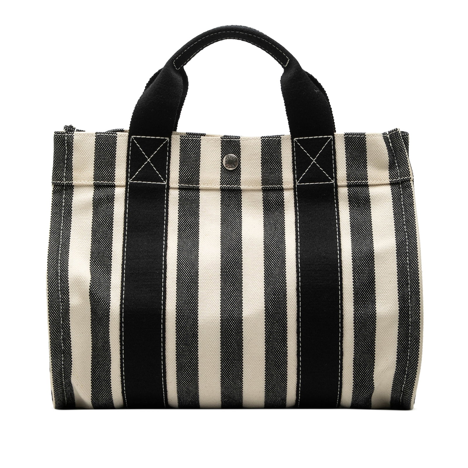 Hermes black canvas Cannes PM tote with clasp closure: Hermes black canvas Cannes PM tote with clasp closure This Cannes PM tote bag features a black canvas body with flat handles and a top clasp closure. The bag includes a dust bag and box. Please note t