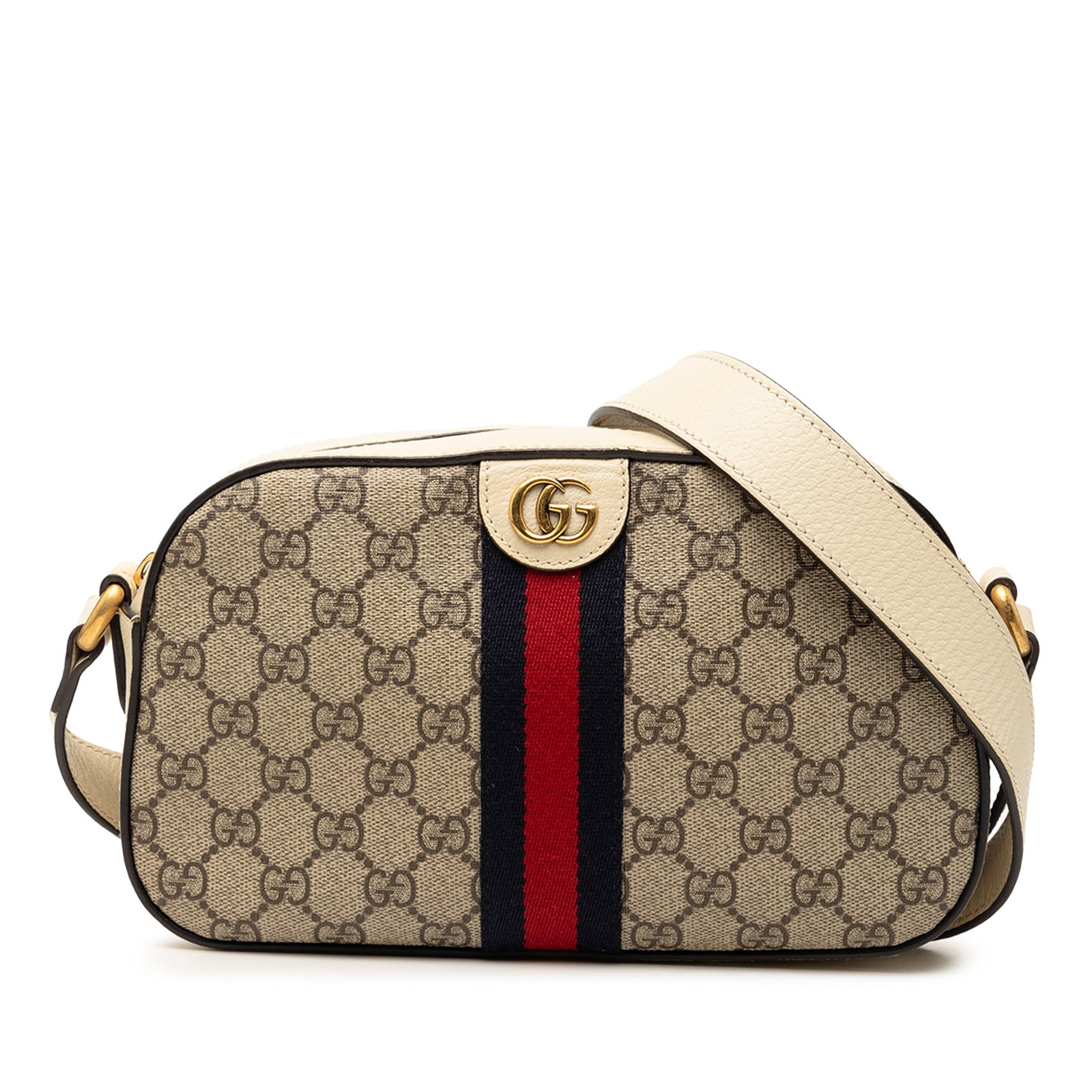 Gucci Ophidia GG Supreme calfskin camera crossbody bag: Gucci Ophidia GG Supreme calfskin camera crossbody bag This Gucci Small GG Supreme Ophidia Camera Bag features a coated canvas body with textured calfskin leather trim, a flat leather shoulder strap, 