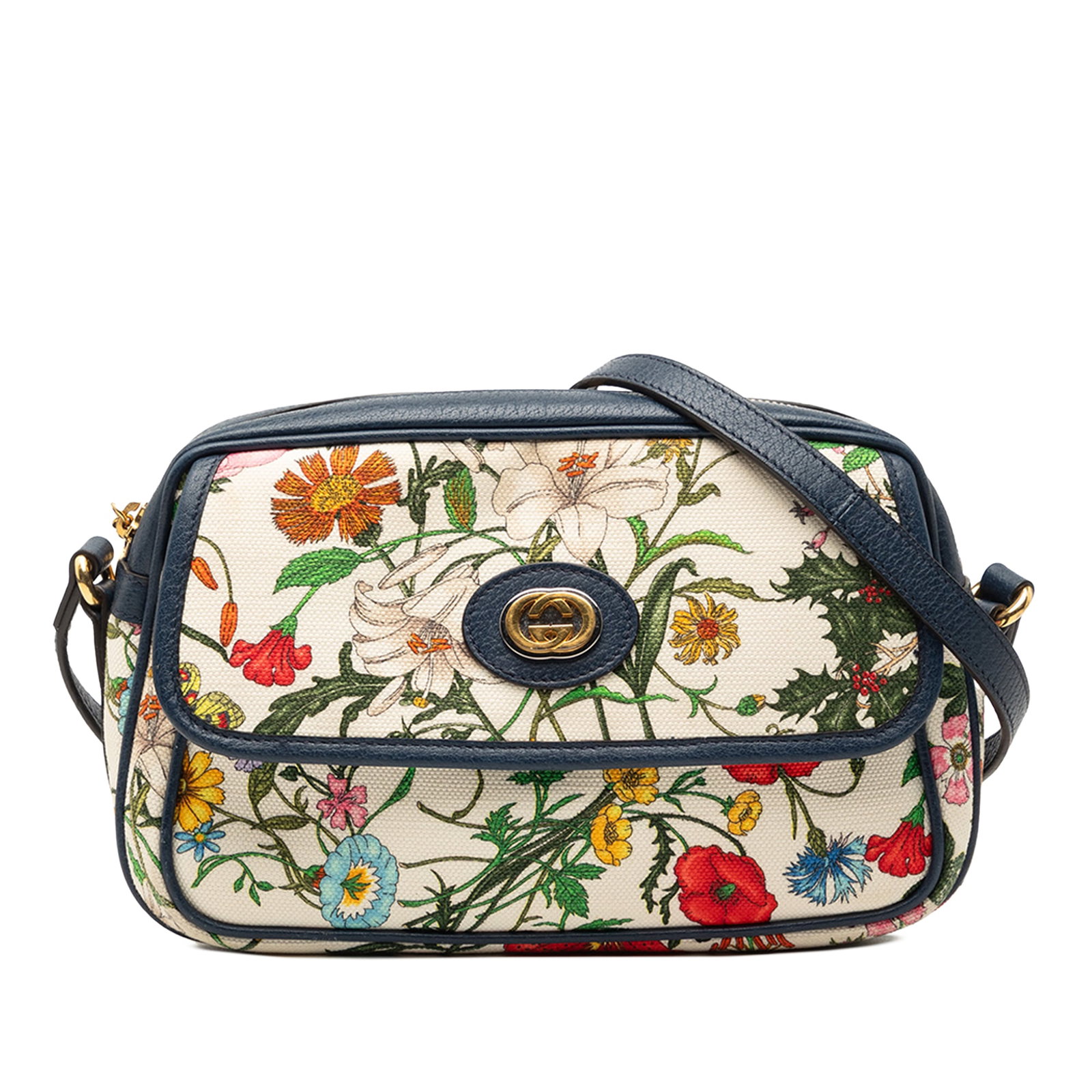 Gucci Flora Canvas Crossbody Bag White Leather Trim: Gucci Flora Canvas Crossbody Bag White Leather Trim This Gucci Small Canvas Flora Crossbody bag features a printed canvas body with leather trim and an adjustable flat leather strap. It includes a top