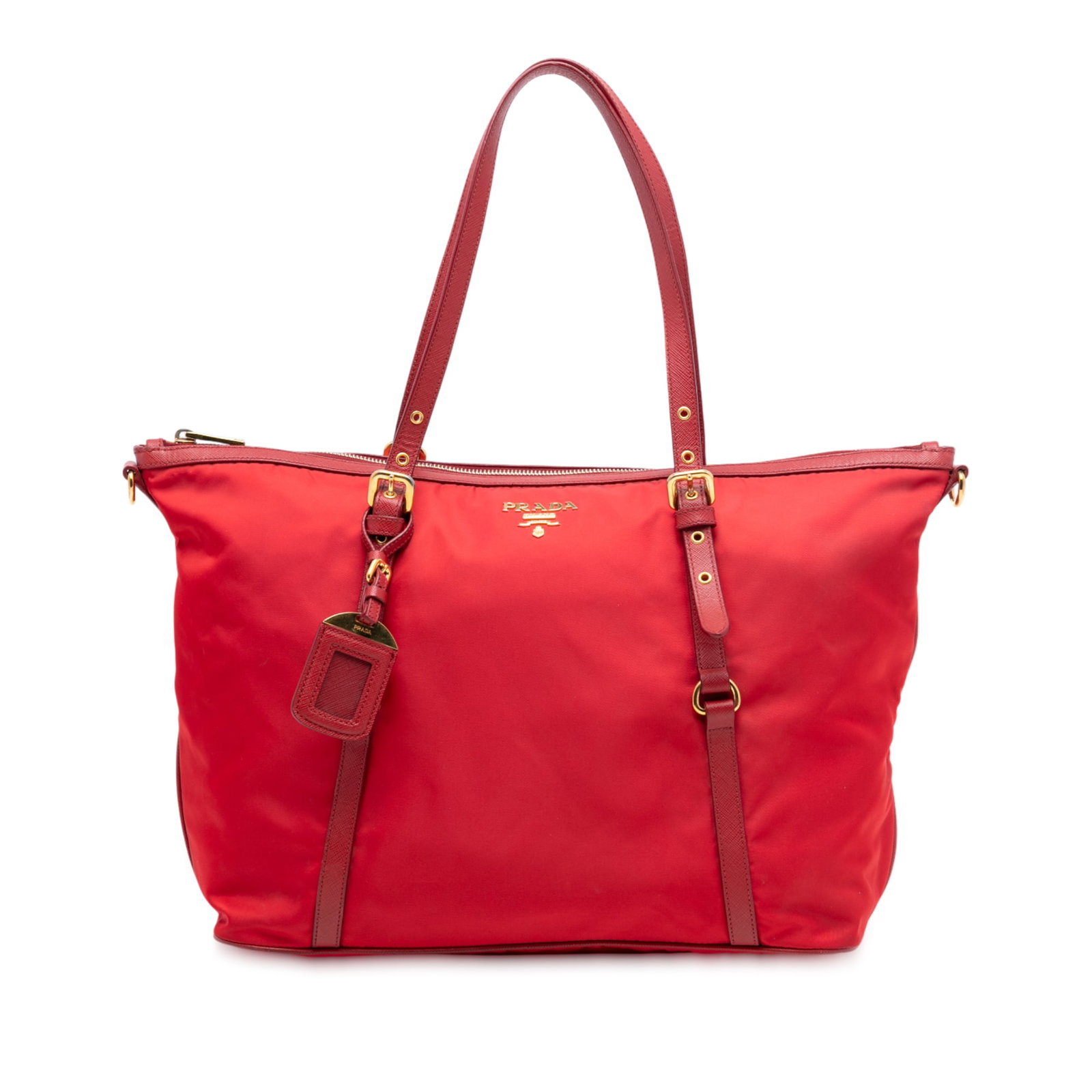 Prada Tessuto Nylon Satchel with Saffiano Leather Accents Red: Prada Tessuto Nylon Satchel with Saffiano Leather Accents Red This Prada Saffiano Trimmed Tessuto Satchel features a red nylon body with saffiano leather trim, flat saffiano leather handles, a top zip