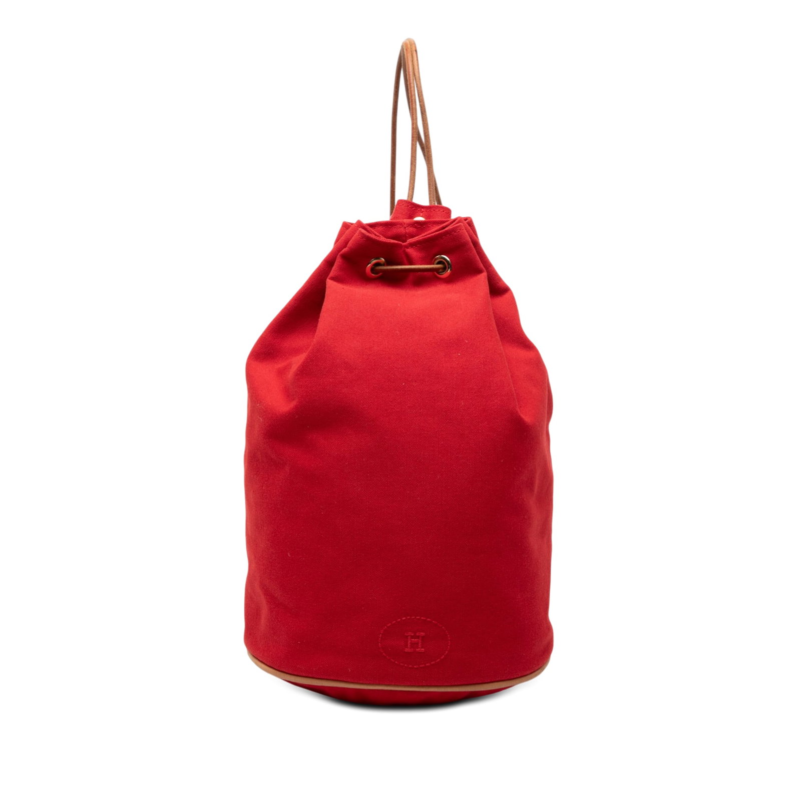Hermes Toile Polochon Mimile Red Canvas Drawstring Bag: Hermes Toile Polochon Mimile Red Canvas Drawstring Bag The Hermes Toile Polochon Mimile is a stylish bag crafted from durable canvas with rolled leather back straps. It features an open top with a dra