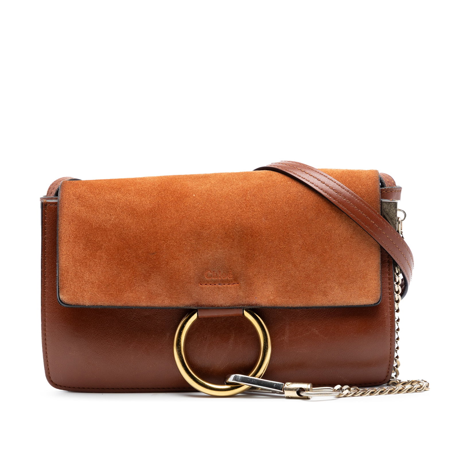 Chloe Faye Brown Suede Calfskin Crossbody Bag: Chloe Faye Brown Suede Calfskin Crossbody Bag This Chloe Small Suede and Calfskin Faye Crossbody bag features a brown calf leather body with a suede top flap, accented by a distinctive hook detail and