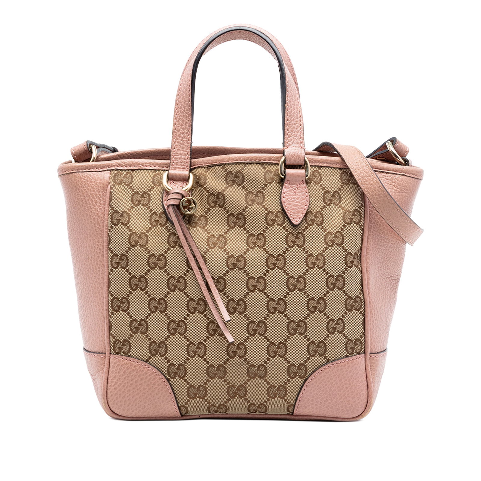 Gucci Bree beige canvas satchel with leather trim: Gucci Bree beige canvas satchel with leather trim This Gucci Small GG Canvas Bree Satchel features a beige canvas body with leather trim, flat leather top handles, a detachable flat leather strap, a t