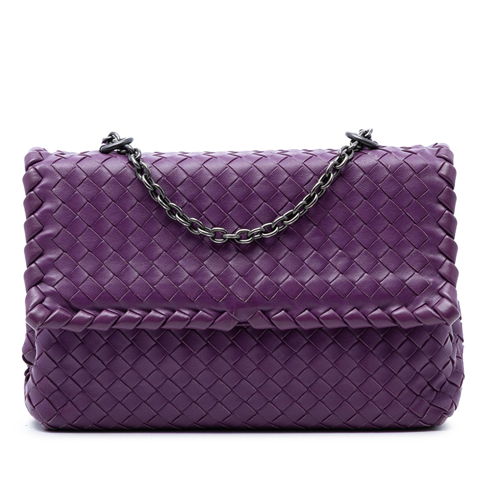 Bottega Veneta Olimpia purple woven nappa leather shoulder bag: Bottega Veneta Olimpia purple woven nappa leather shoulder bag This Bottega Veneta Small Nappa Intrecciato Olimpia Shoulder Bag features a woven nappa leather exterior in purple, complemented by chain